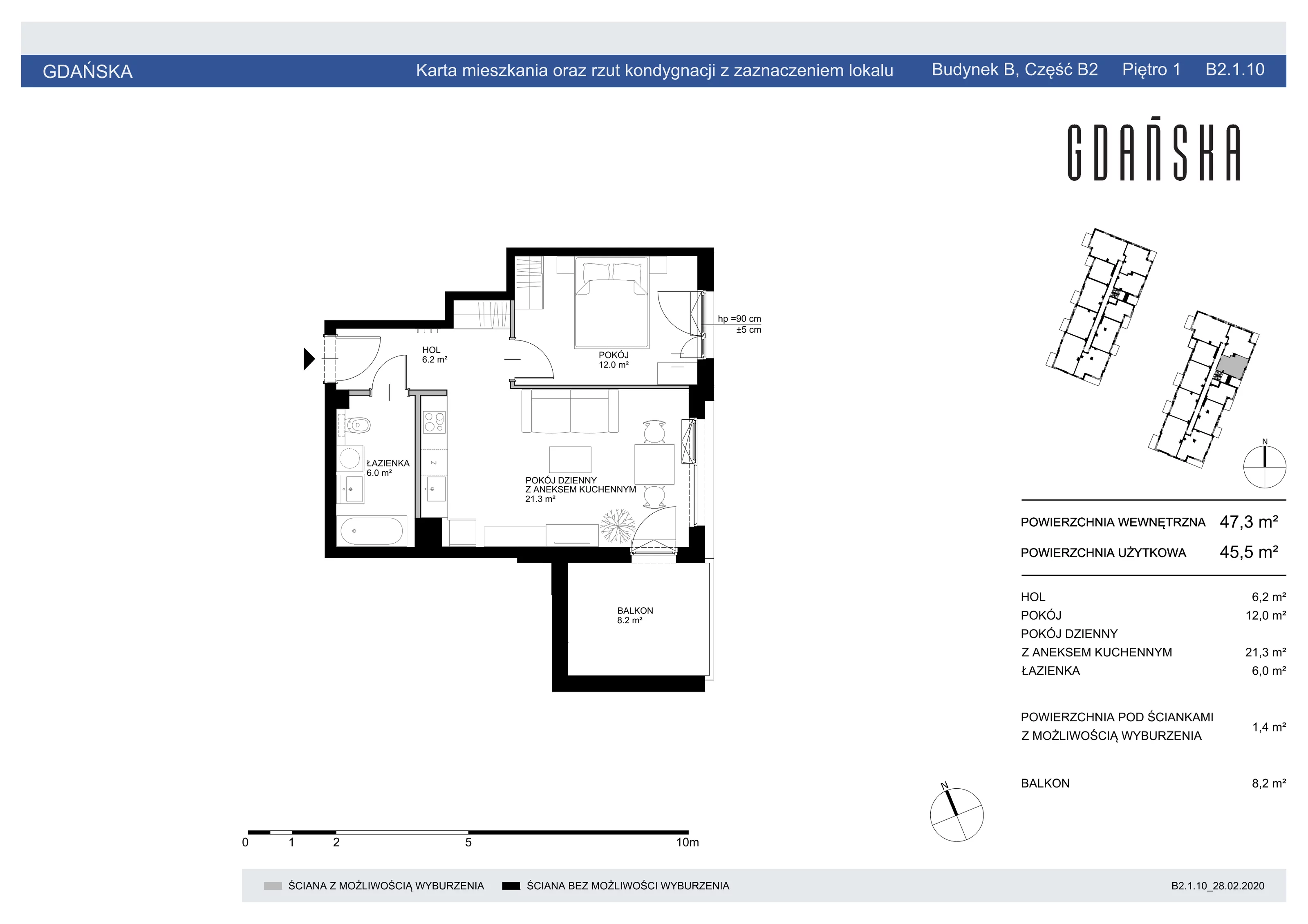 Mieszkanie 47,30 m², piętro 1, oferta nr B2.1.10, Gdańska, Gdańsk, Brzeźno, ul. Gdańska