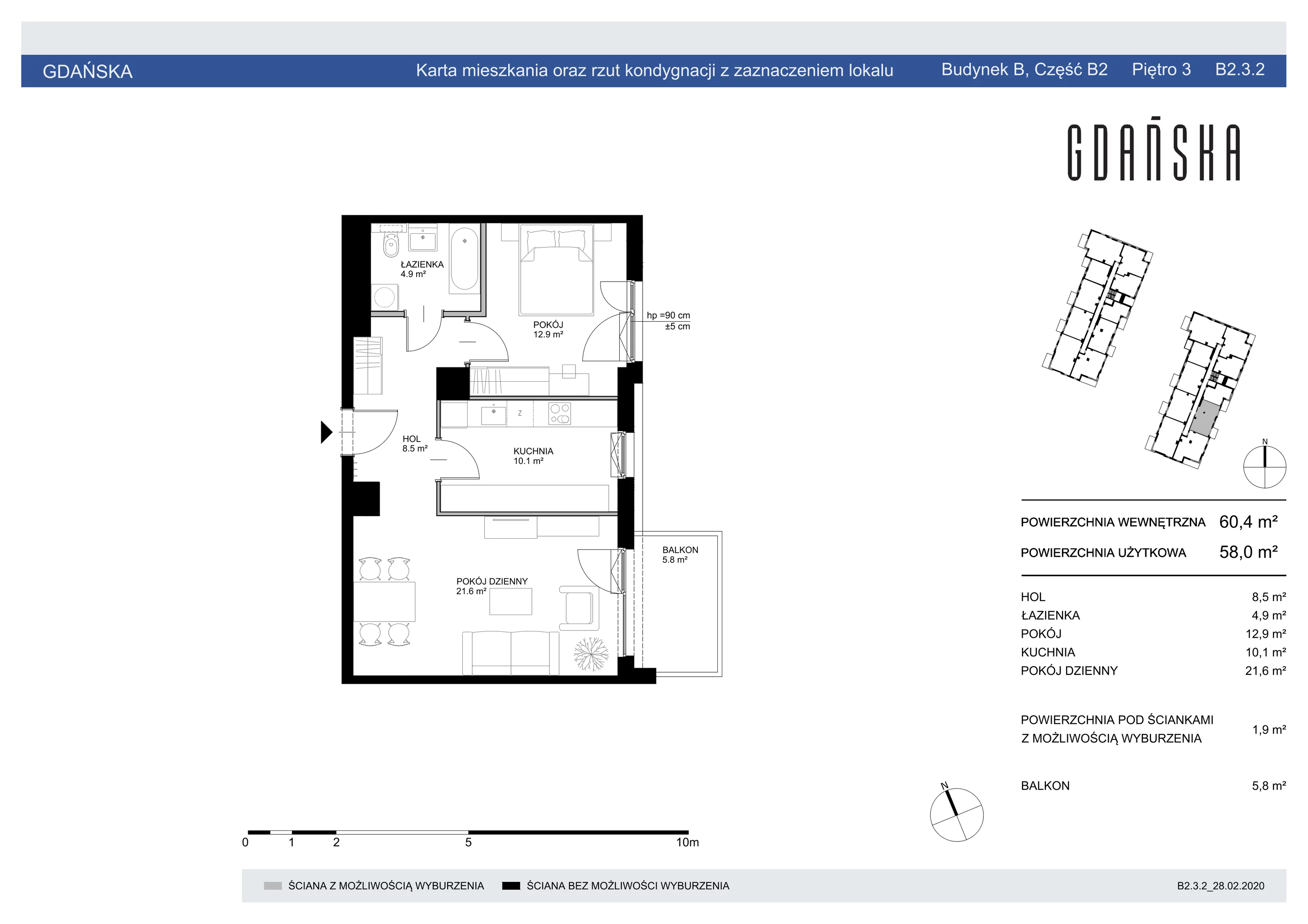 Mieszkanie 60,40 m², piętro 3, oferta nr B2.3.2, Gdańska, Gdańsk, Brzeźno, ul. Gdańska
