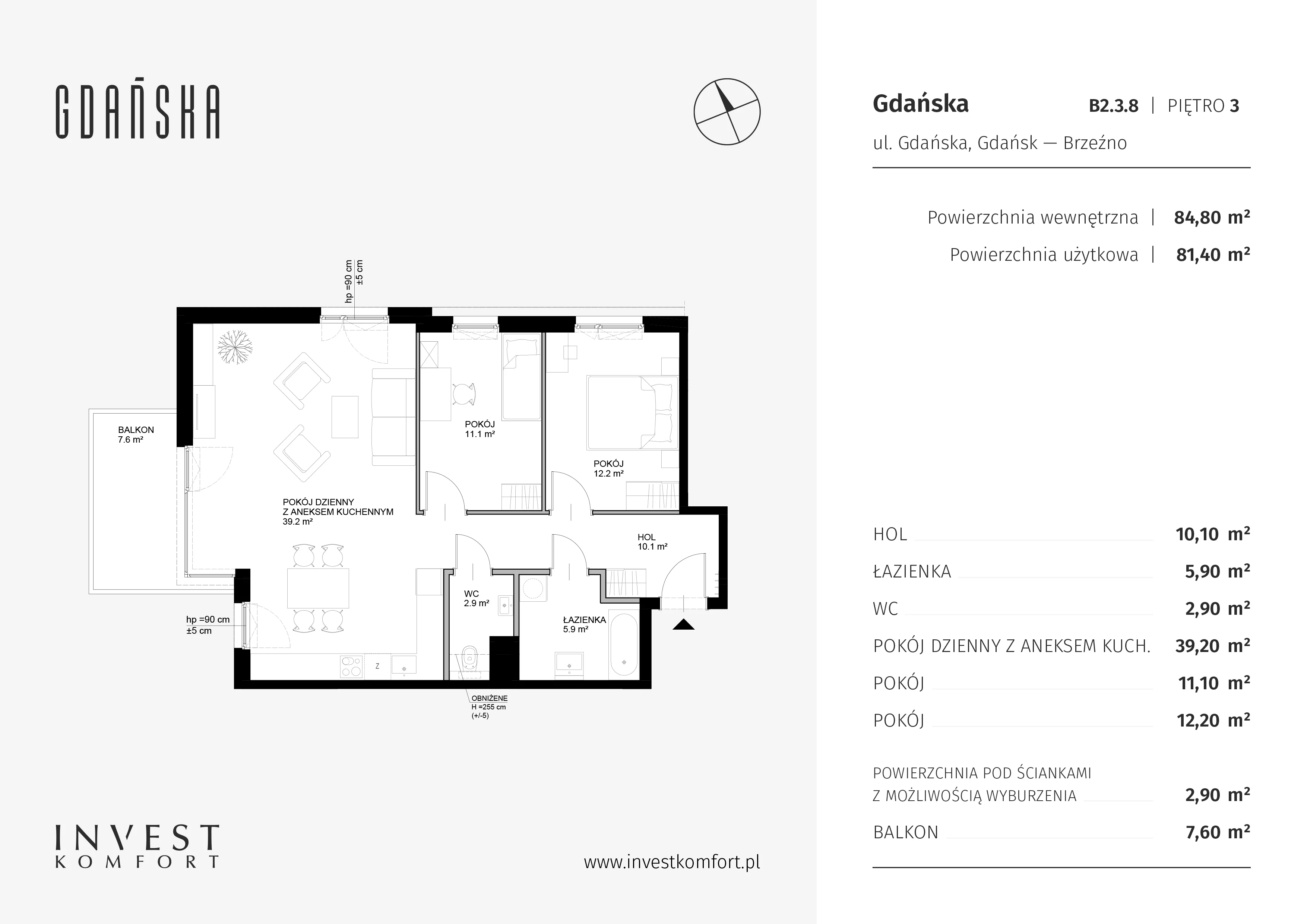 Mieszkanie 84,80 m², piętro 3, oferta nr B2.3.8, Gdańska, Gdańsk, Brzeźno, ul. Gdańska