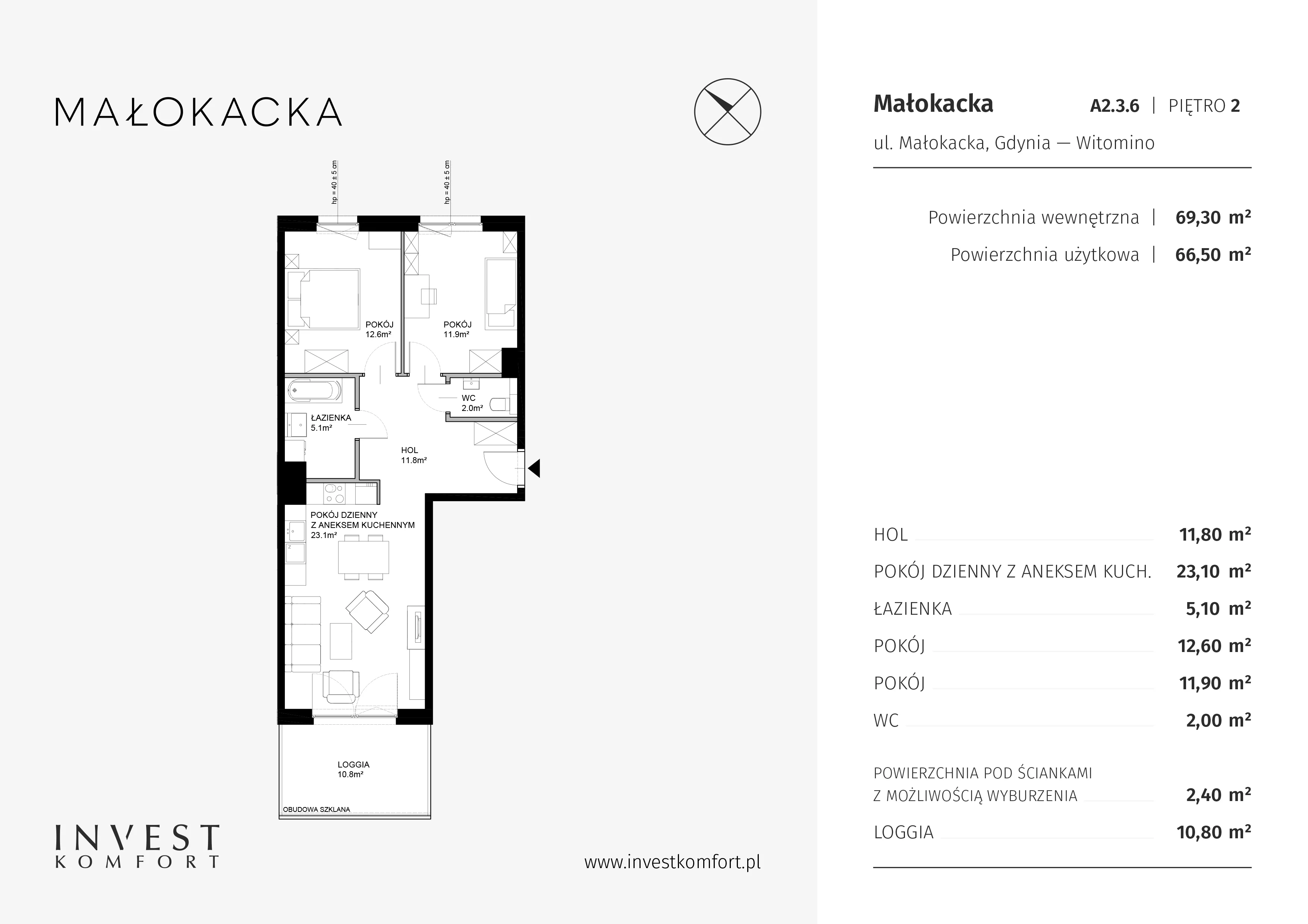 Apartament 69,10 m², piętro 2, oferta nr A2.3.6, Małokacka, Gdynia, Witomino, ul. Małokacka