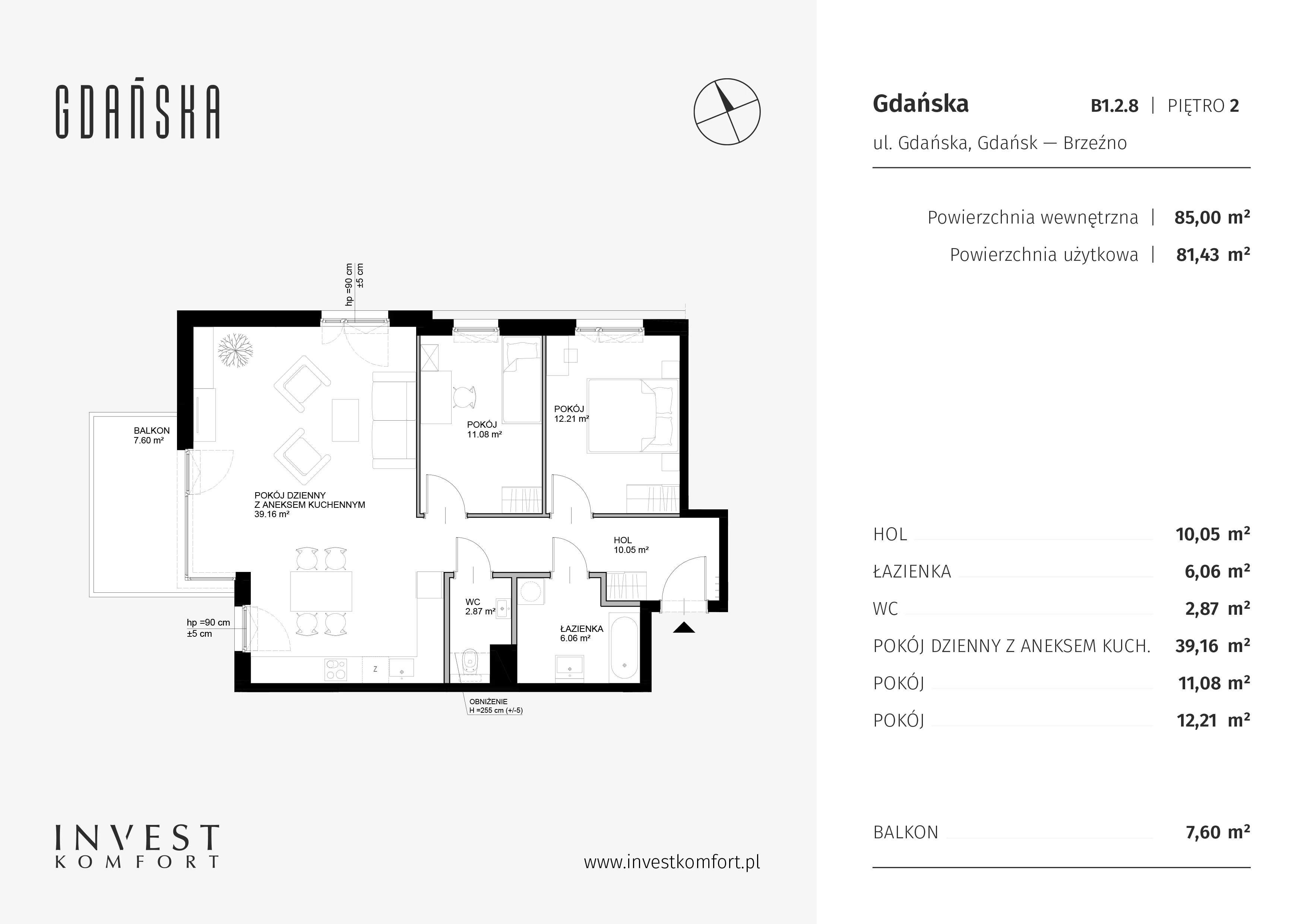 Mieszkanie 85,00 m², piętro 2, oferta nr B1.2.8, Gdańska, Gdańsk, Brzeźno, ul. Gdańska