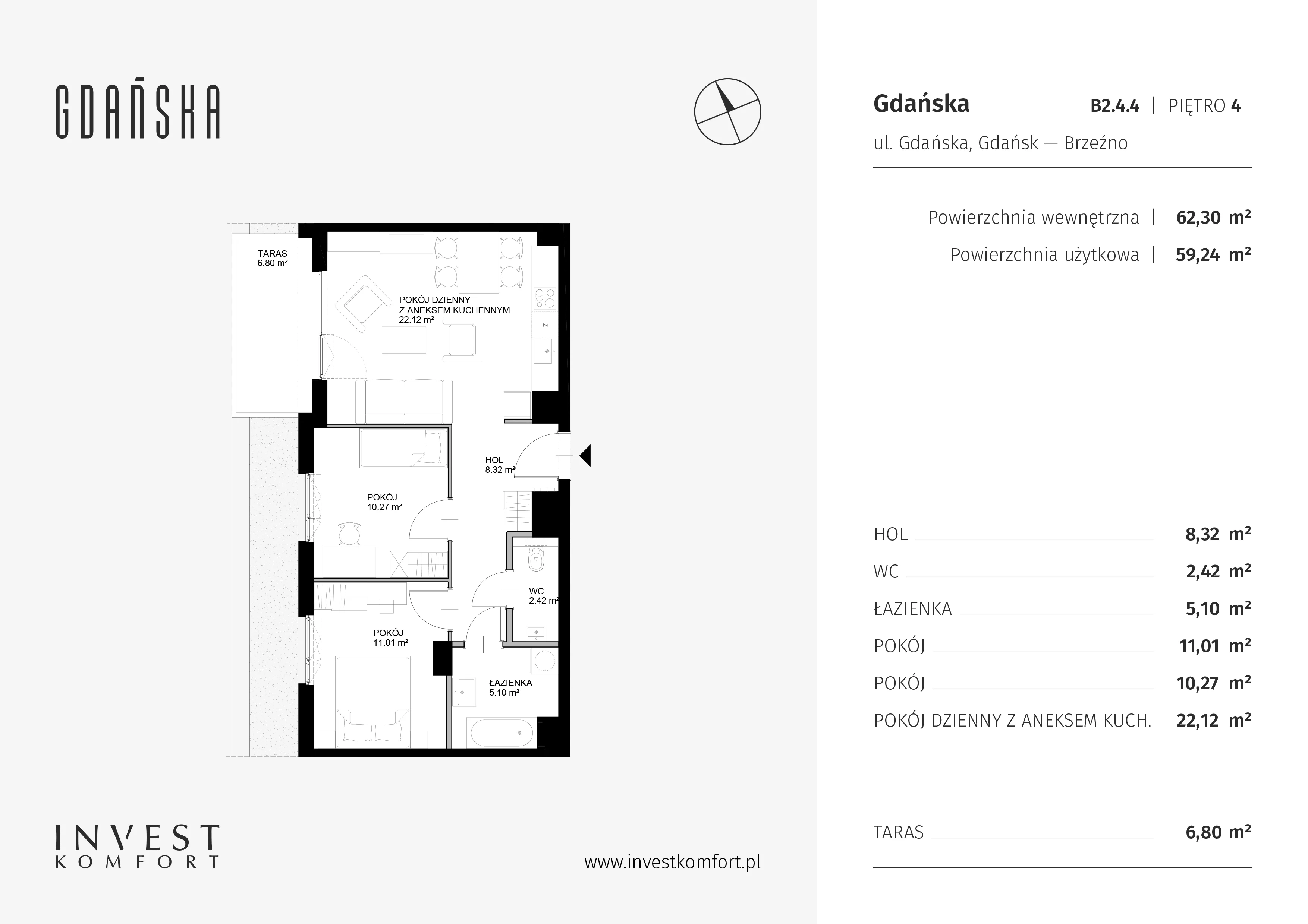 Apartament 59,24 m², piętro 4, oferta nr GDAN_B_B2.4.4, Gdańska, Gdańsk, Brzeźno, ul. Gdańska