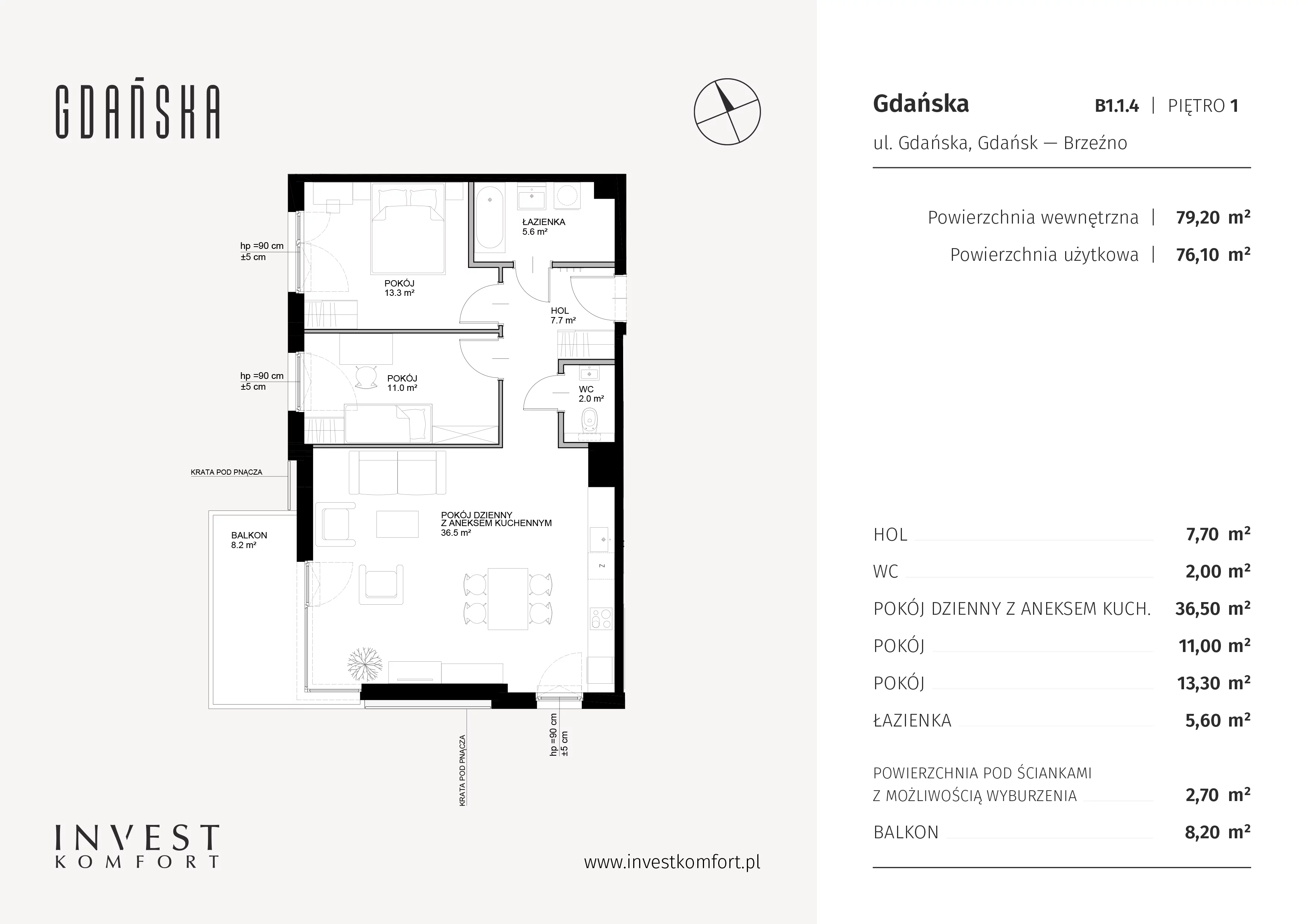 Mieszkanie 79,20 m², piętro 1, oferta nr B1.1.4, Gdańska, Gdańsk, Brzeźno, ul. Gdańska