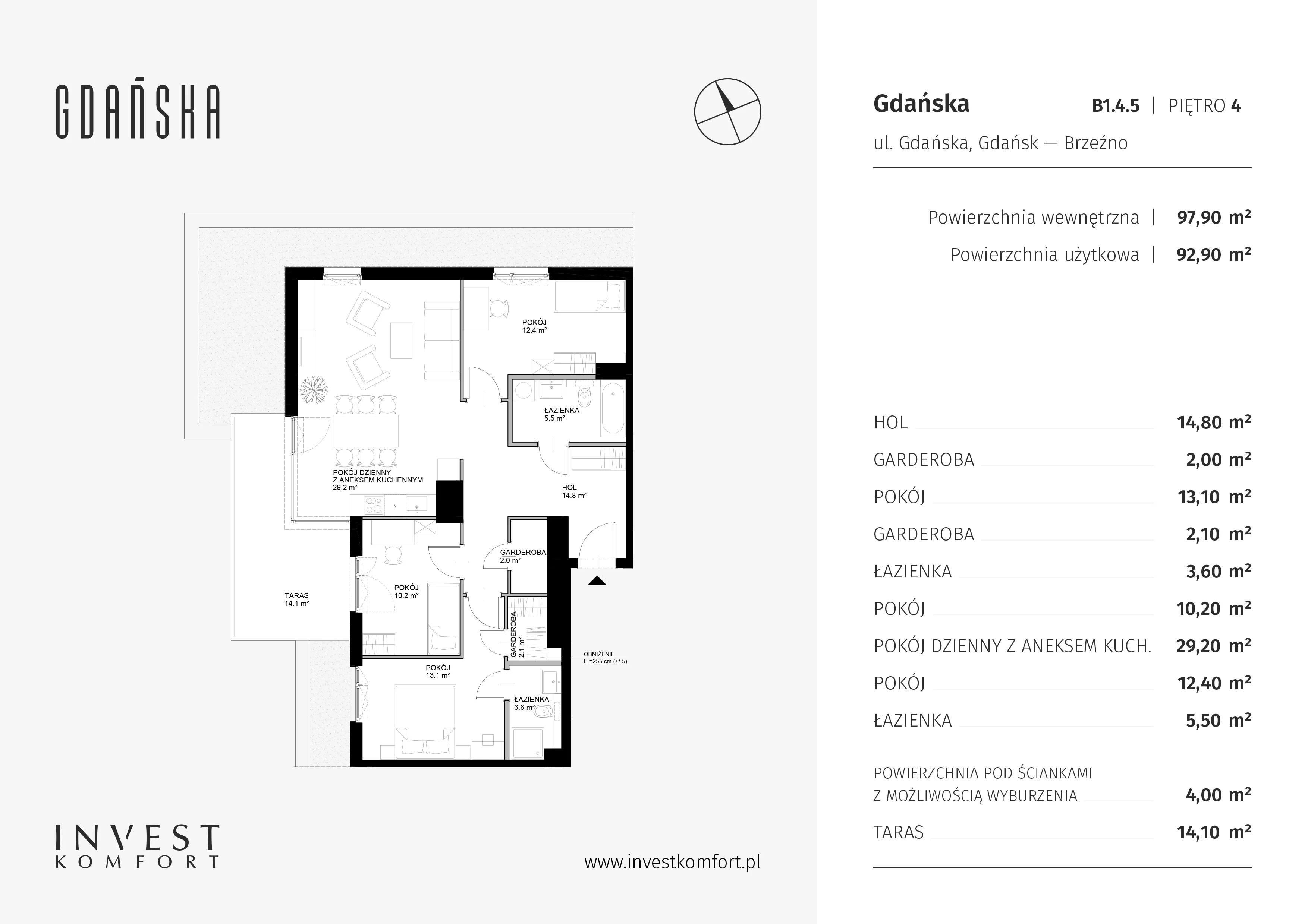Mieszkanie 97,90 m², piętro 4, oferta nr B1.4.5, Gdańska, Gdańsk, Brzeźno, ul. Gdańska
