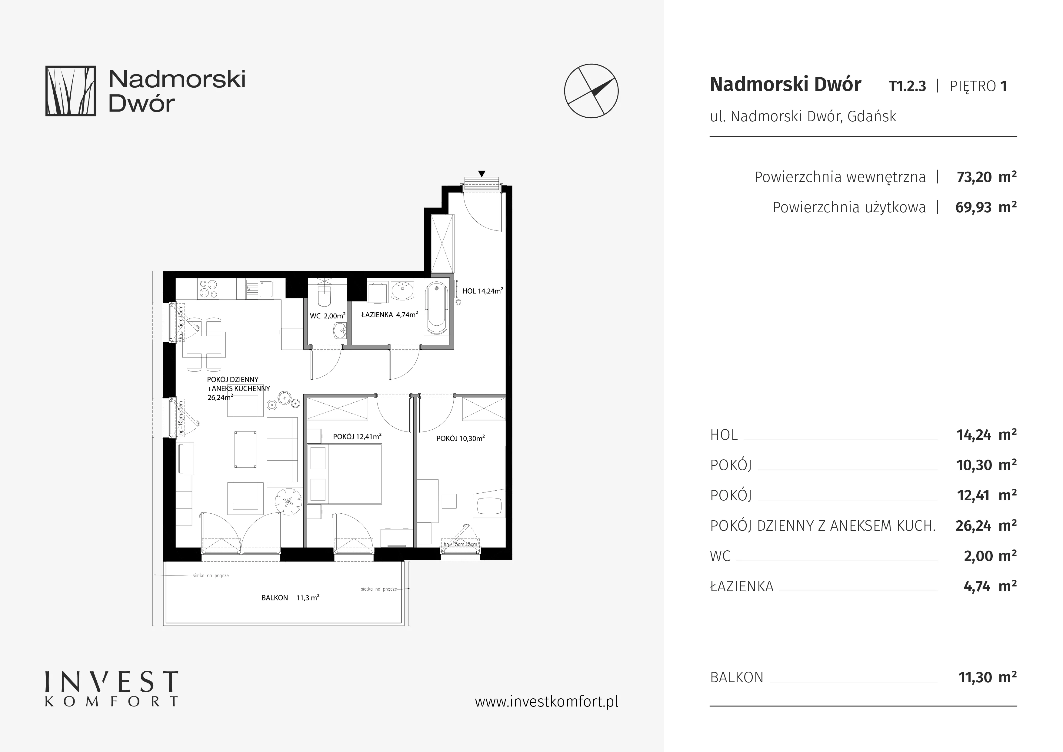 Mieszkanie 73,20 m², piętro 1, oferta nr NAD3_T_T1.2.3, Nadmorski Dwór, Gdańsk, Brzeźno, ul. Nadmorski Dwór