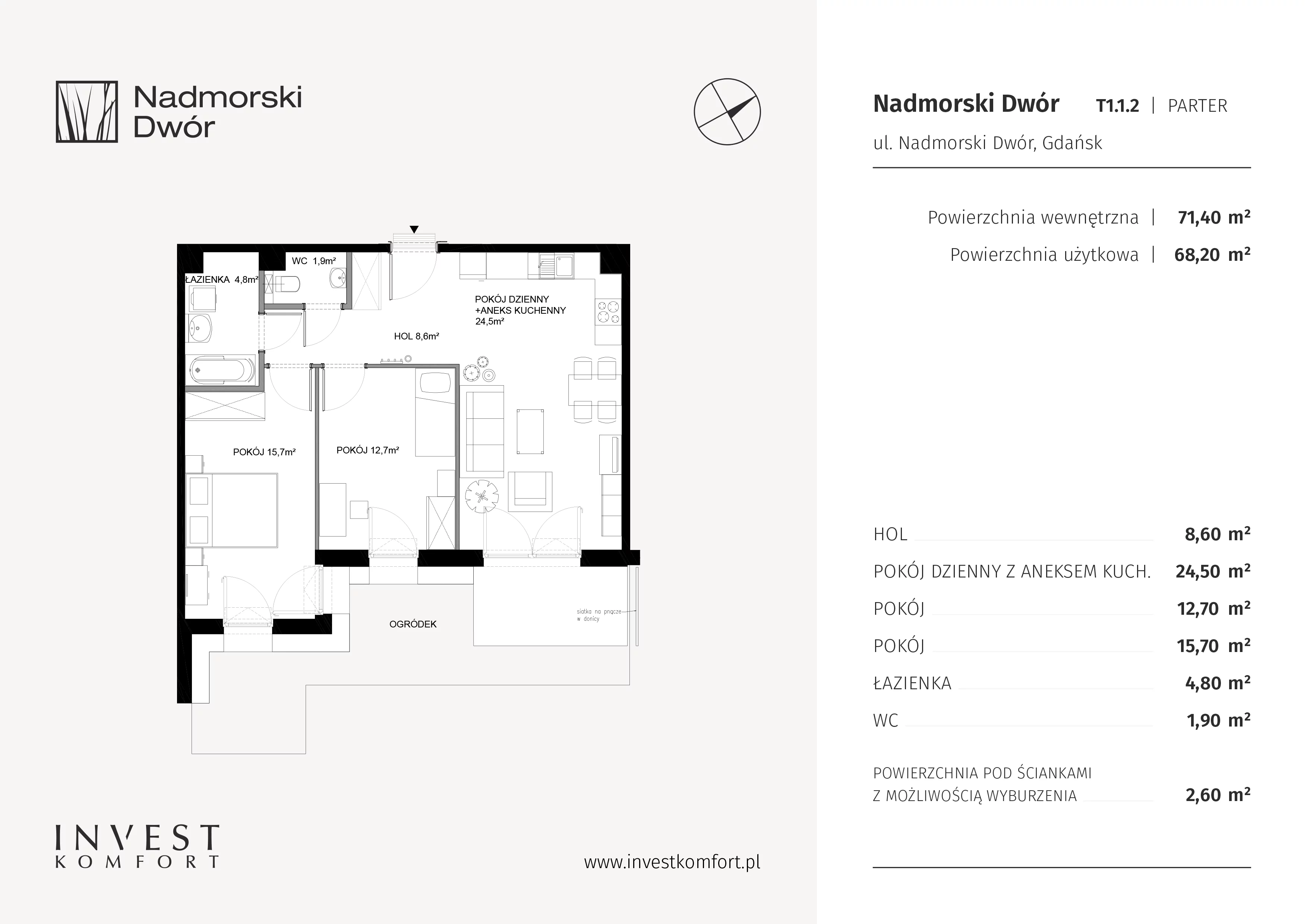 Mieszkanie 71,40 m², parter, oferta nr NAD3_T_T1.1.2, Nadmorski Dwór, Gdańsk, Brzeźno, ul. Nadmorski Dwór