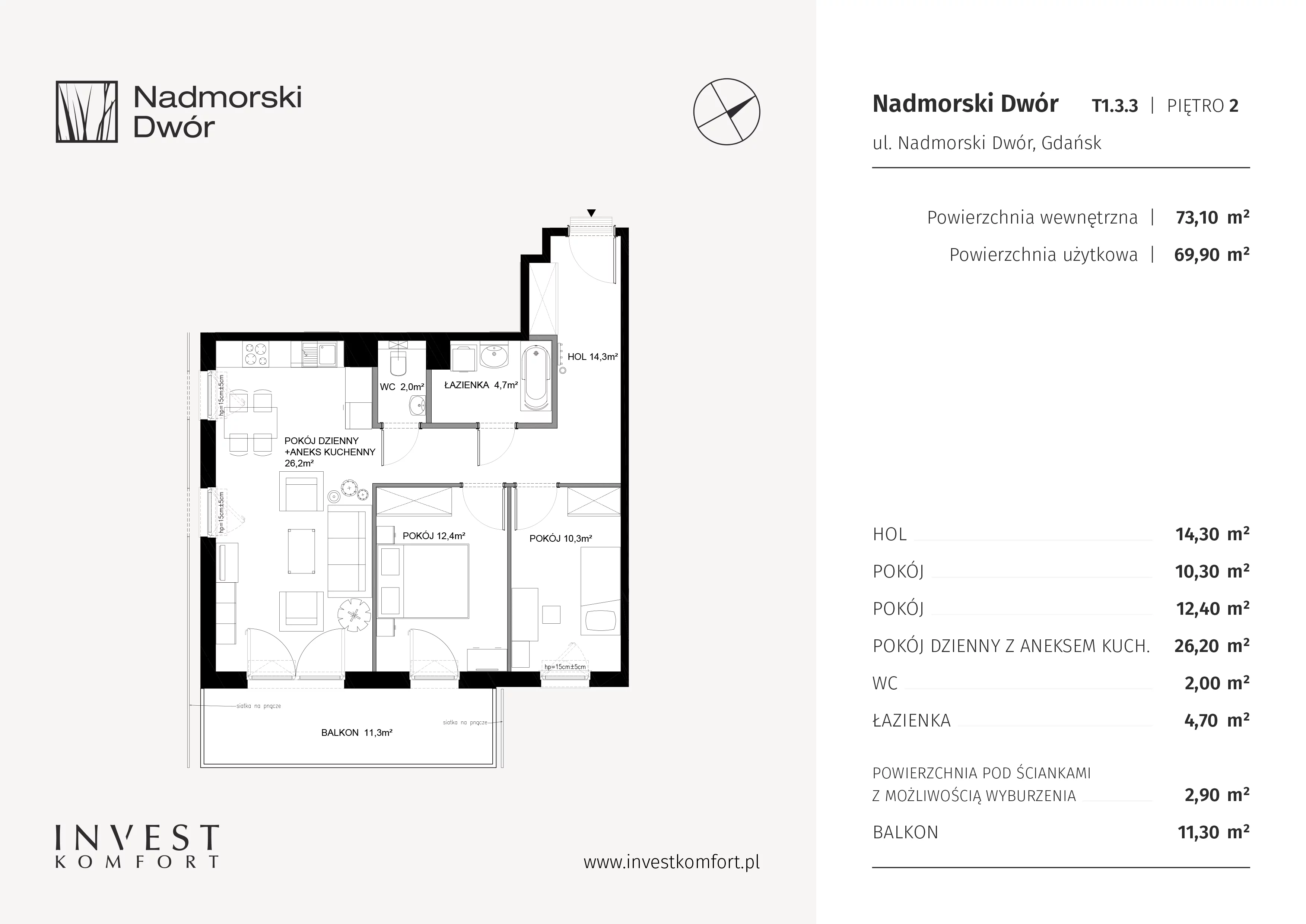 Mieszkanie 73,10 m², piętro 2, oferta nr NAD3_T_T1.3.3, Nadmorski Dwór, Gdańsk, Brzeźno, ul. Nadmorski Dwór