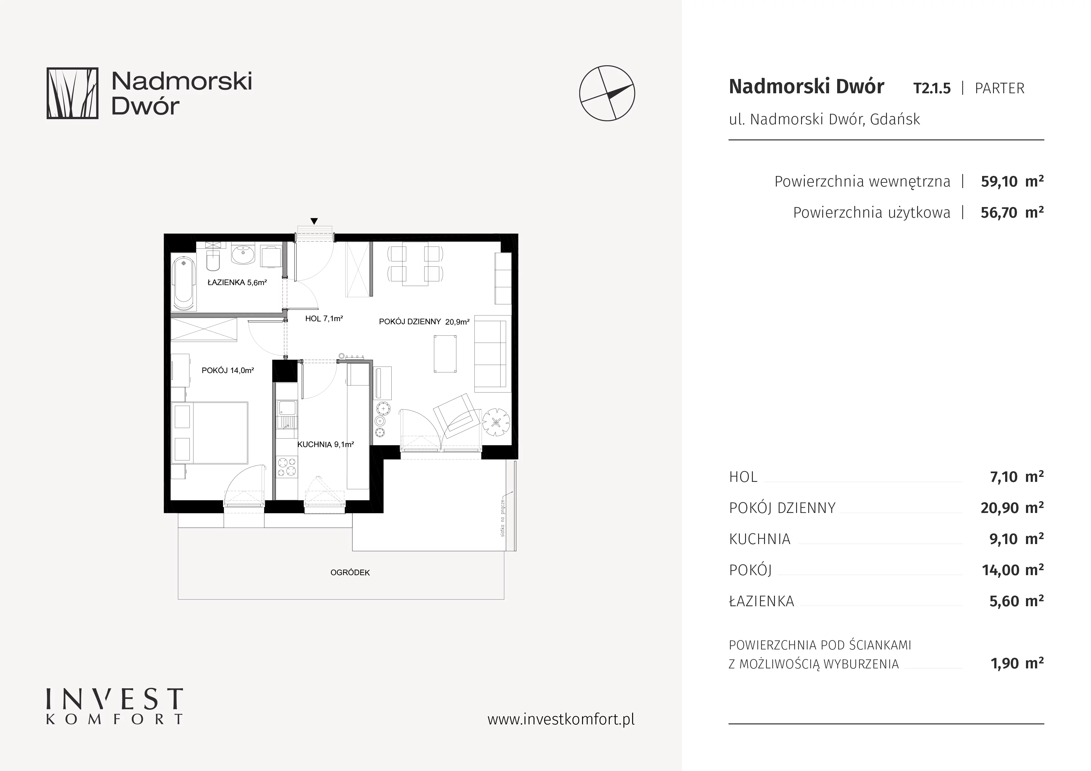 Mieszkanie 59,10 m², parter, oferta nr NAD3_T_T2.1.5, Nadmorski Dwór, Gdańsk, Brzeźno, ul. Nadmorski Dwór