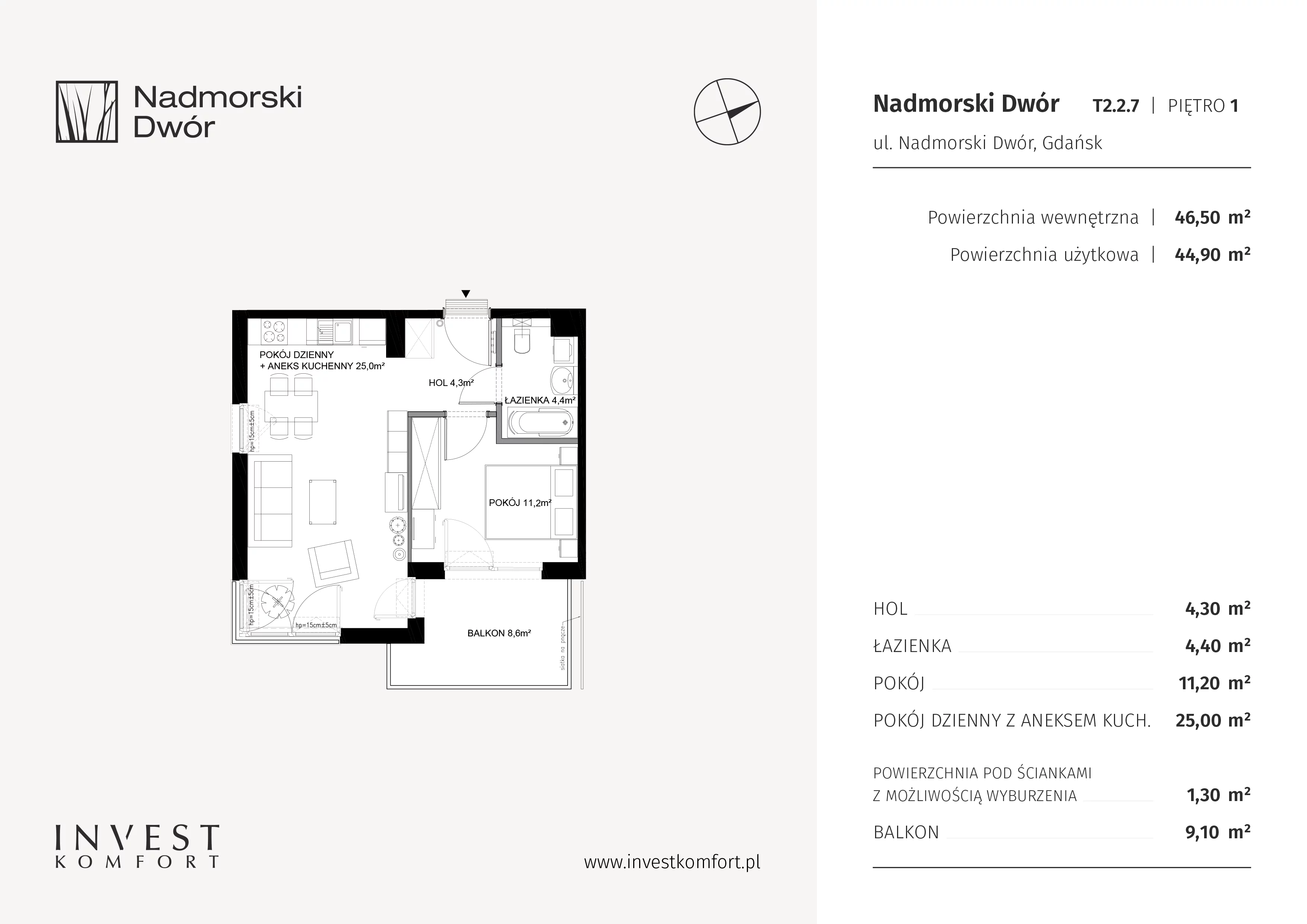 Mieszkanie 46,50 m², piętro 1, oferta nr NAD3_T_T2.2.7, Nadmorski Dwór, Gdańsk, Brzeźno, ul. Nadmorski Dwór