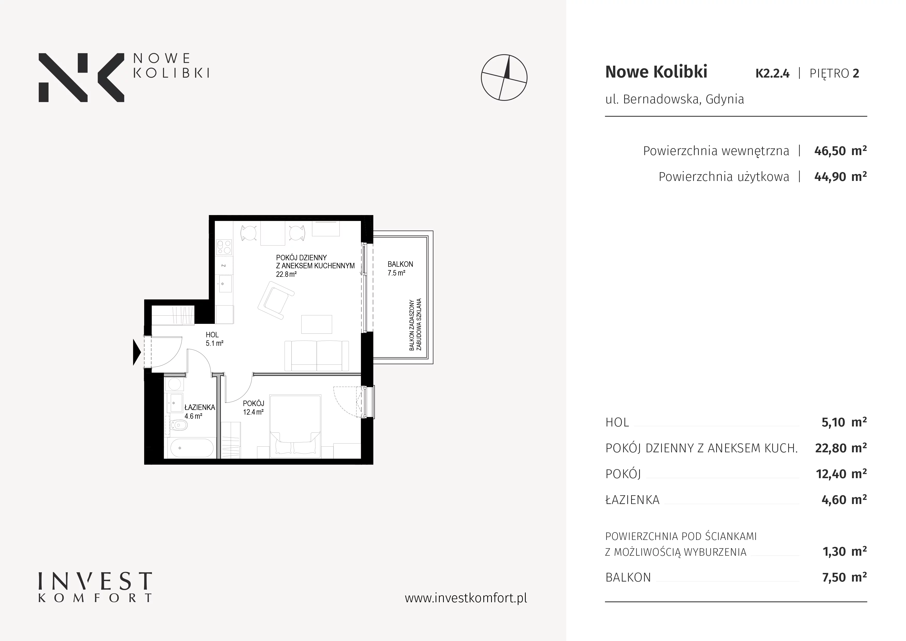Apartament 46,50 m², piętro 2, oferta nr K2.2.4, Nowe Kolibki, Gdynia, Orłowo, Kolibki, ul. Bernadowska