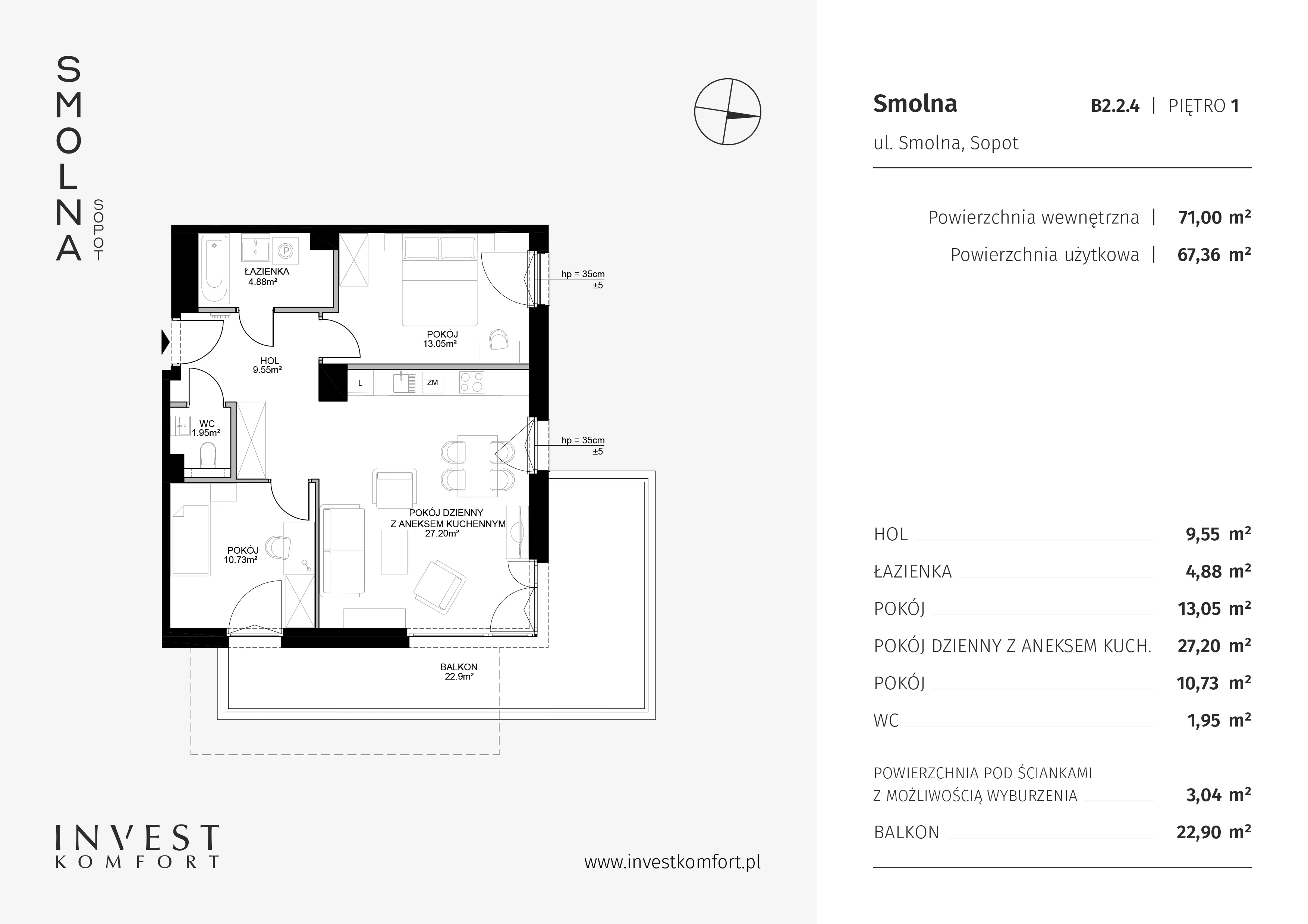 Mieszkanie 71,00 m², piętro 1, oferta nr B2.2.4, Smolna, Sopot, Świemirowo, ul. Smolna