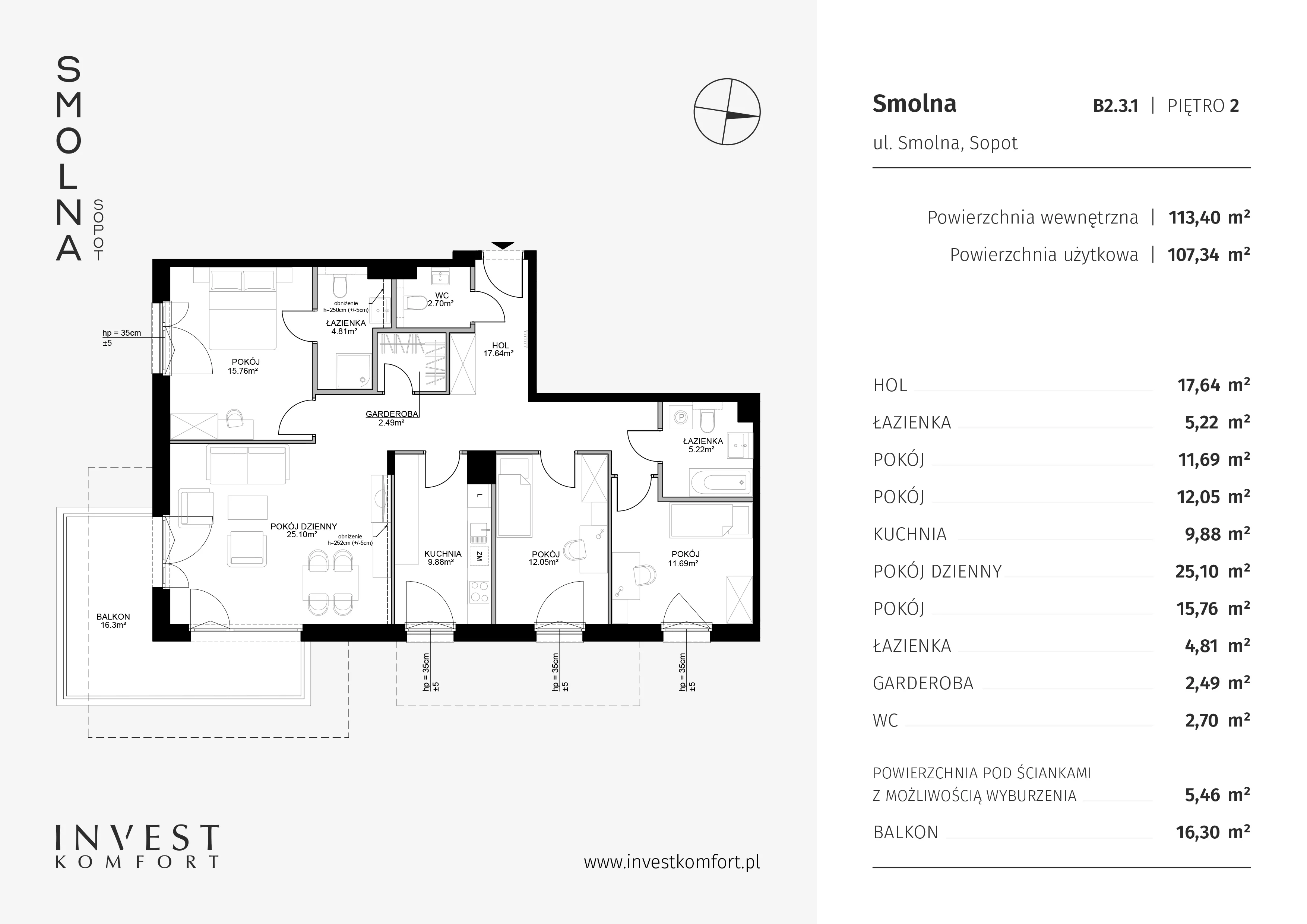 Mieszkanie 113,40 m², piętro 2, oferta nr B2.3.1, Smolna, Sopot, Świemirowo, ul. Smolna