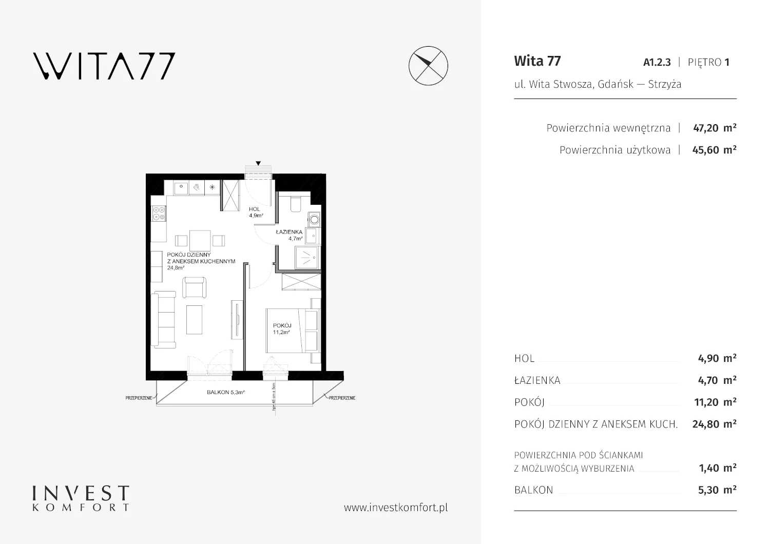 Apartament 47,20 m², piętro 1, oferta nr A1.2.3, Wita 77, Gdańsk, Strzyża, ul. Wita Stwosza 77