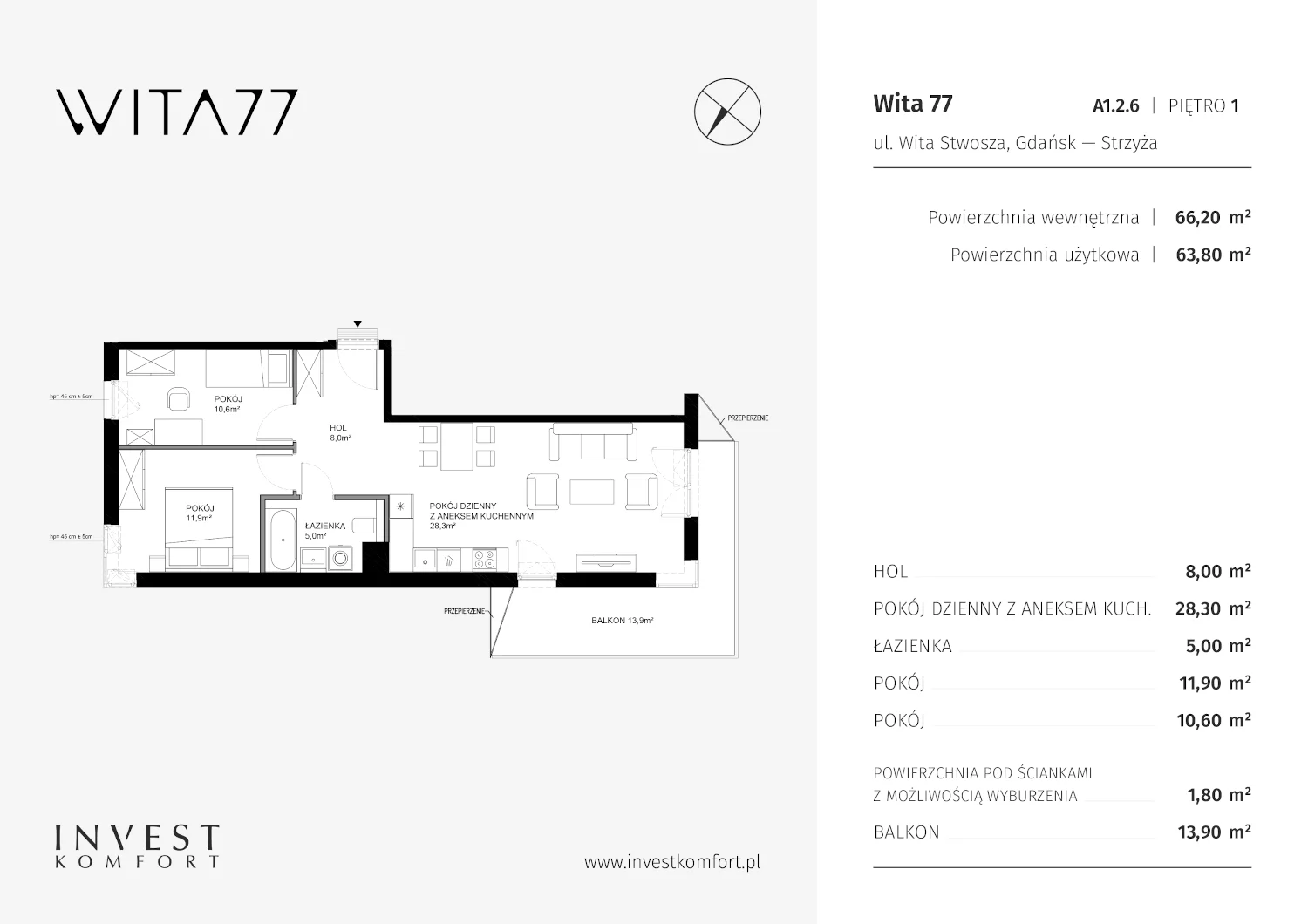 Mieszkanie 66,20 m², piętro 1, oferta nr A1.2.6, Wita 77, Gdańsk, Strzyża, ul. Wita Stwosza 77