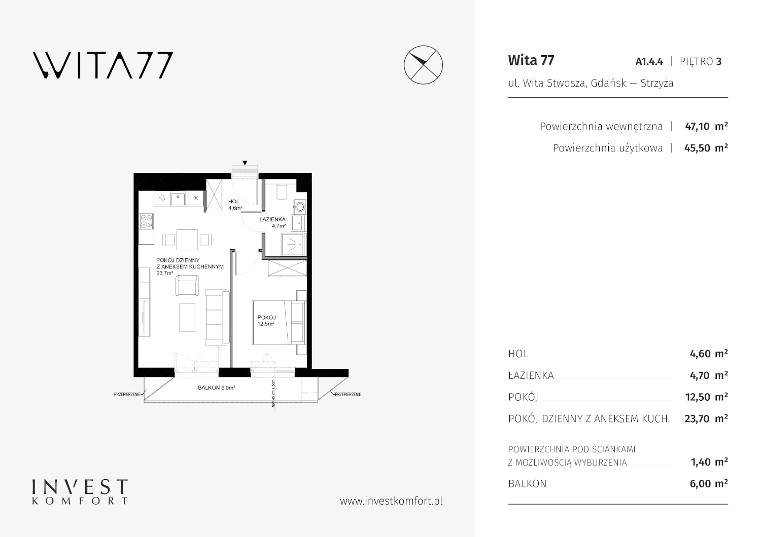 Mieszkanie 47,10 m², piętro 3, oferta nr A1.4.4, Wita 77, Gdańsk, Strzyża, ul. Wita Stwosza 77