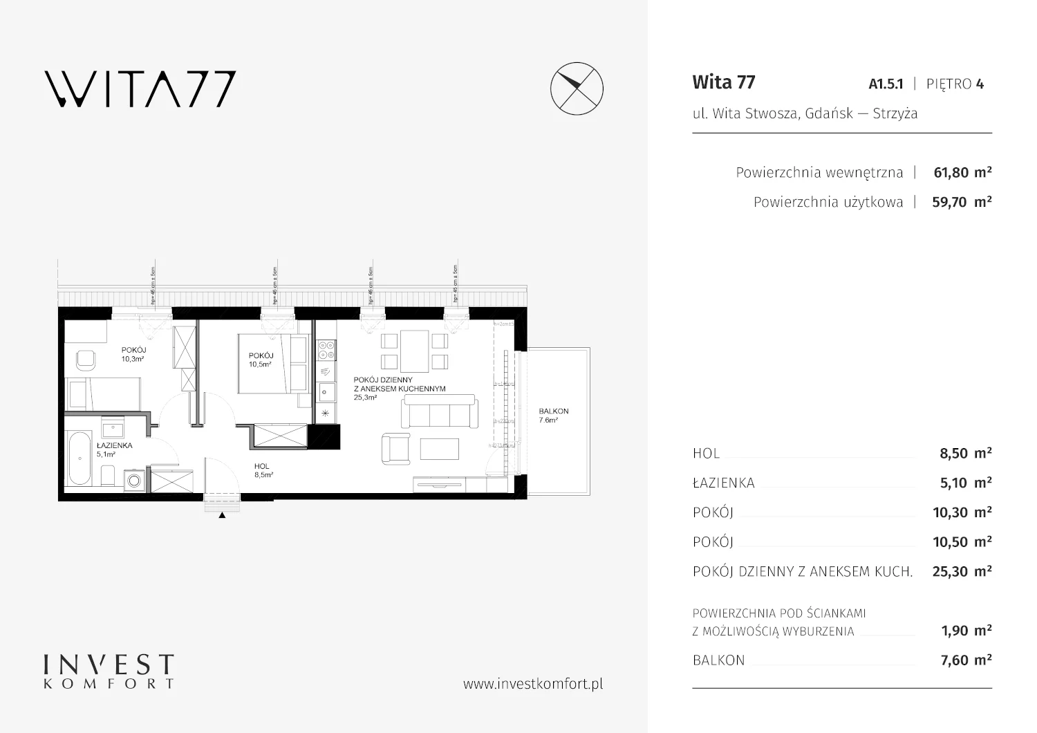 Mieszkanie 61,80 m², piętro 4, oferta nr A1.5.1, Wita 77, Gdańsk, Strzyża, ul. Wita Stwosza 77