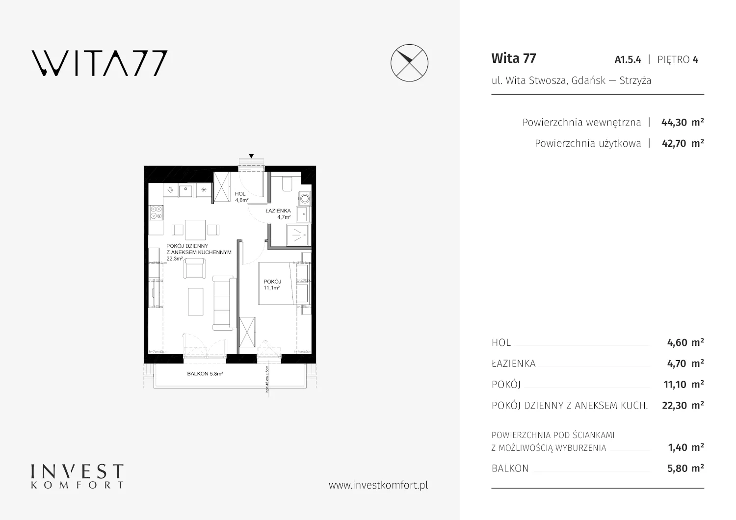 Apartament 44,30 m², piętro 4, oferta nr A1.5.4, Wita 77, Gdańsk, Strzyża, ul. Wita Stwosza 77