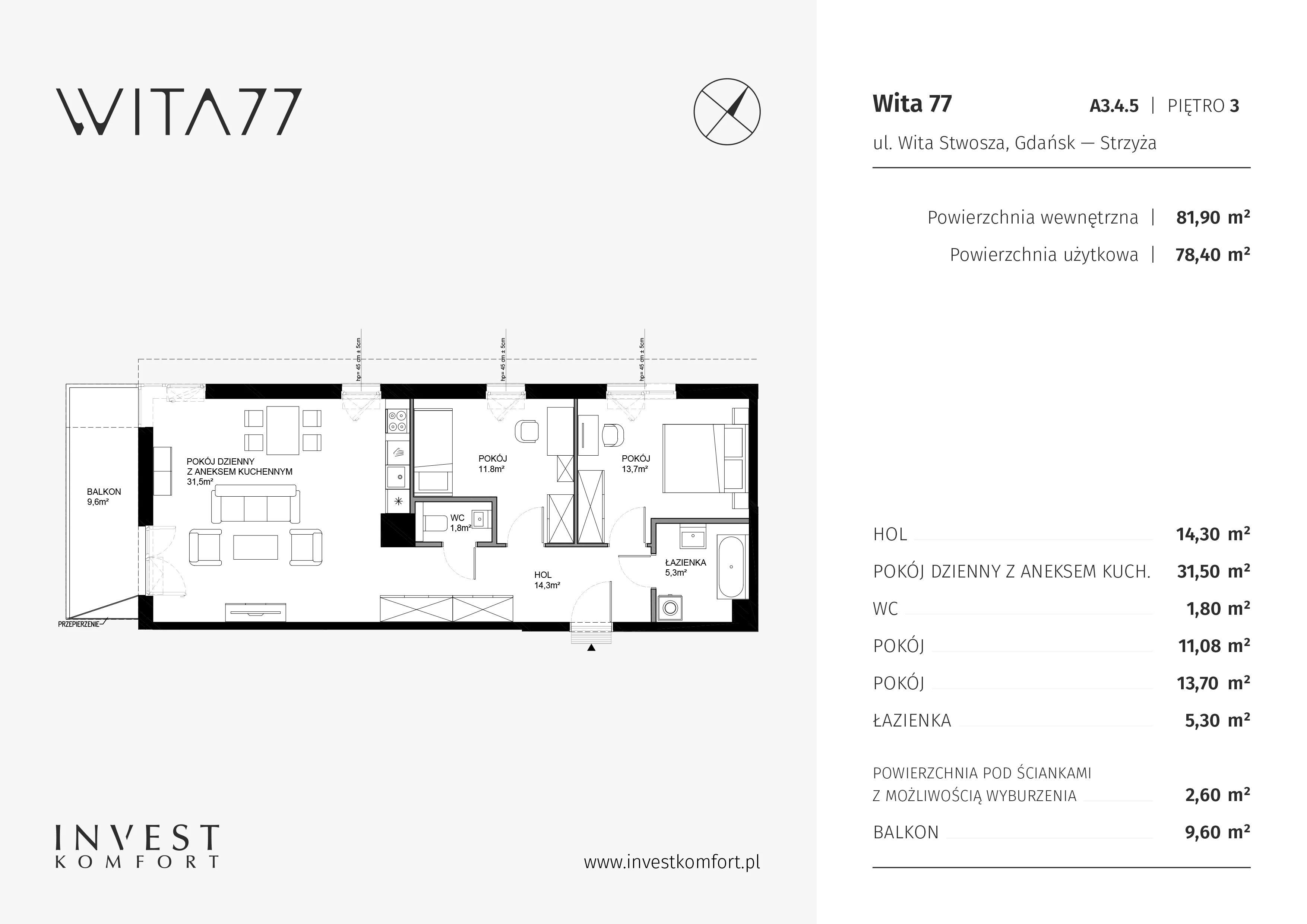 Apartament 78,40 m², piętro 3, oferta nr WITA_A_A3.4.5, Wita 77, Gdańsk, Strzyża, ul. Wita Stwosza 77