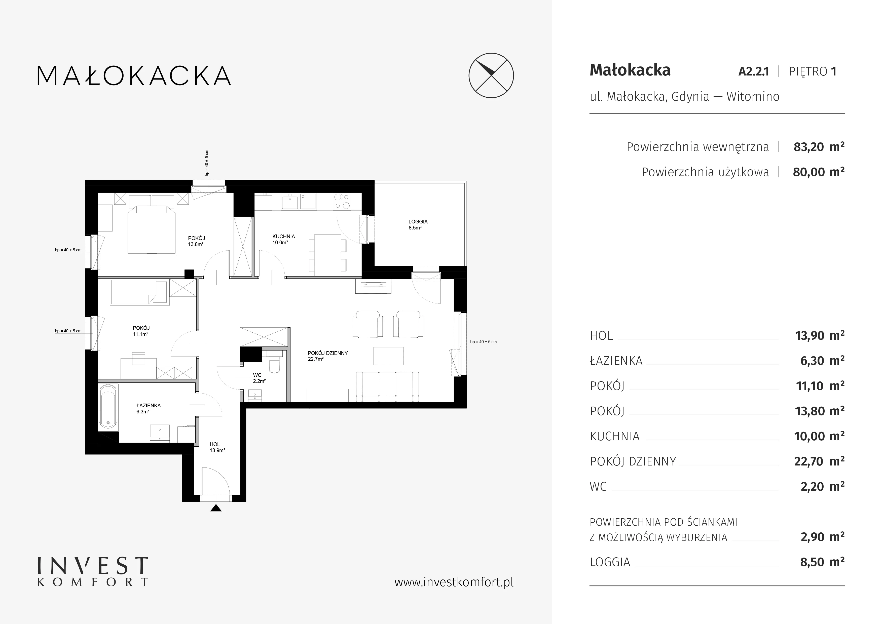 Apartament 83,30 m², piętro 1, oferta nr A2.2.1, Małokacka, Gdynia, Witomino, ul. Małokacka