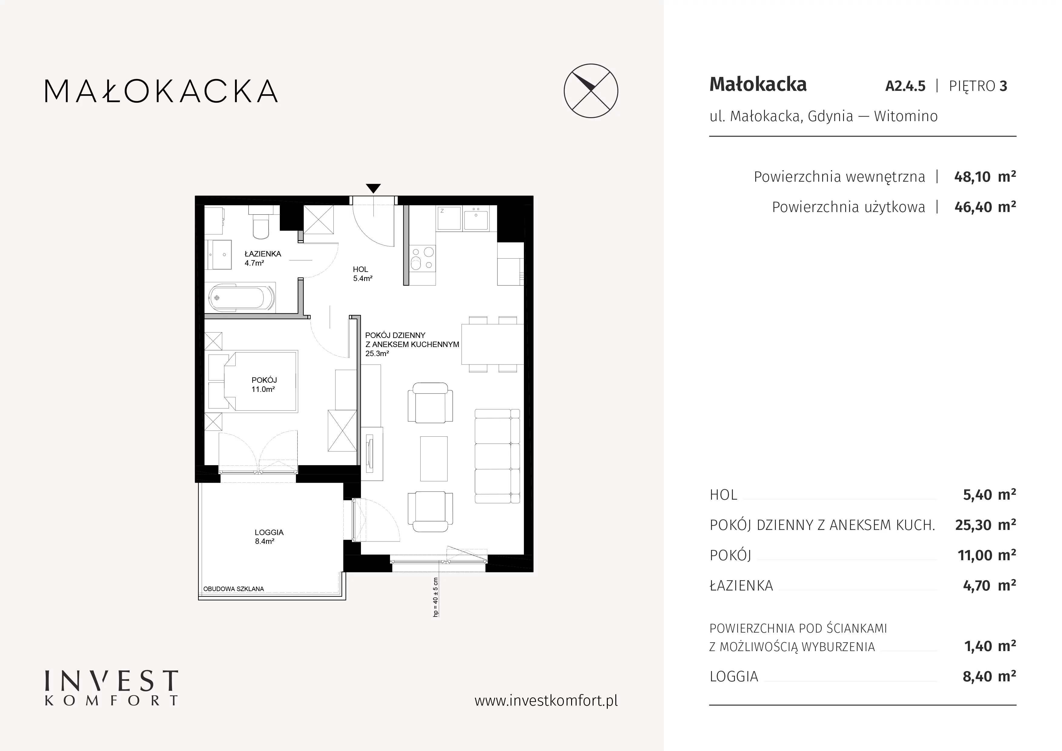Apartament 48,10 m², piętro 3, oferta nr A2.4.5, Małokacka, Gdynia, Witomino, ul. Małokacka