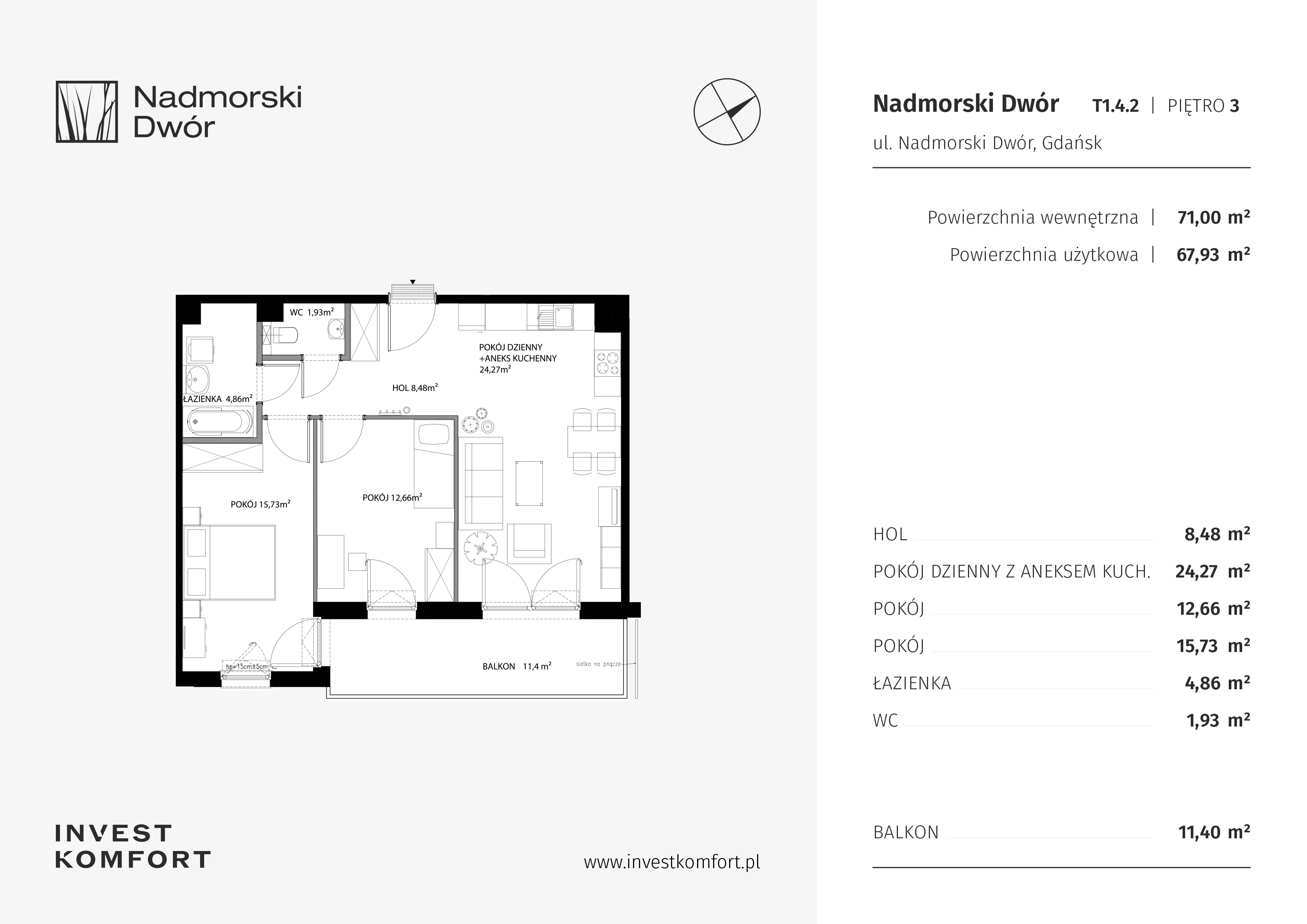 3 pokoje, mieszkanie 67,93 m², piętro 3, oferta nr NAD3_T_T1.4.2, Nadmorski Dwór, Gdańsk, Brzeźno, ul. Nadmorski Dwór