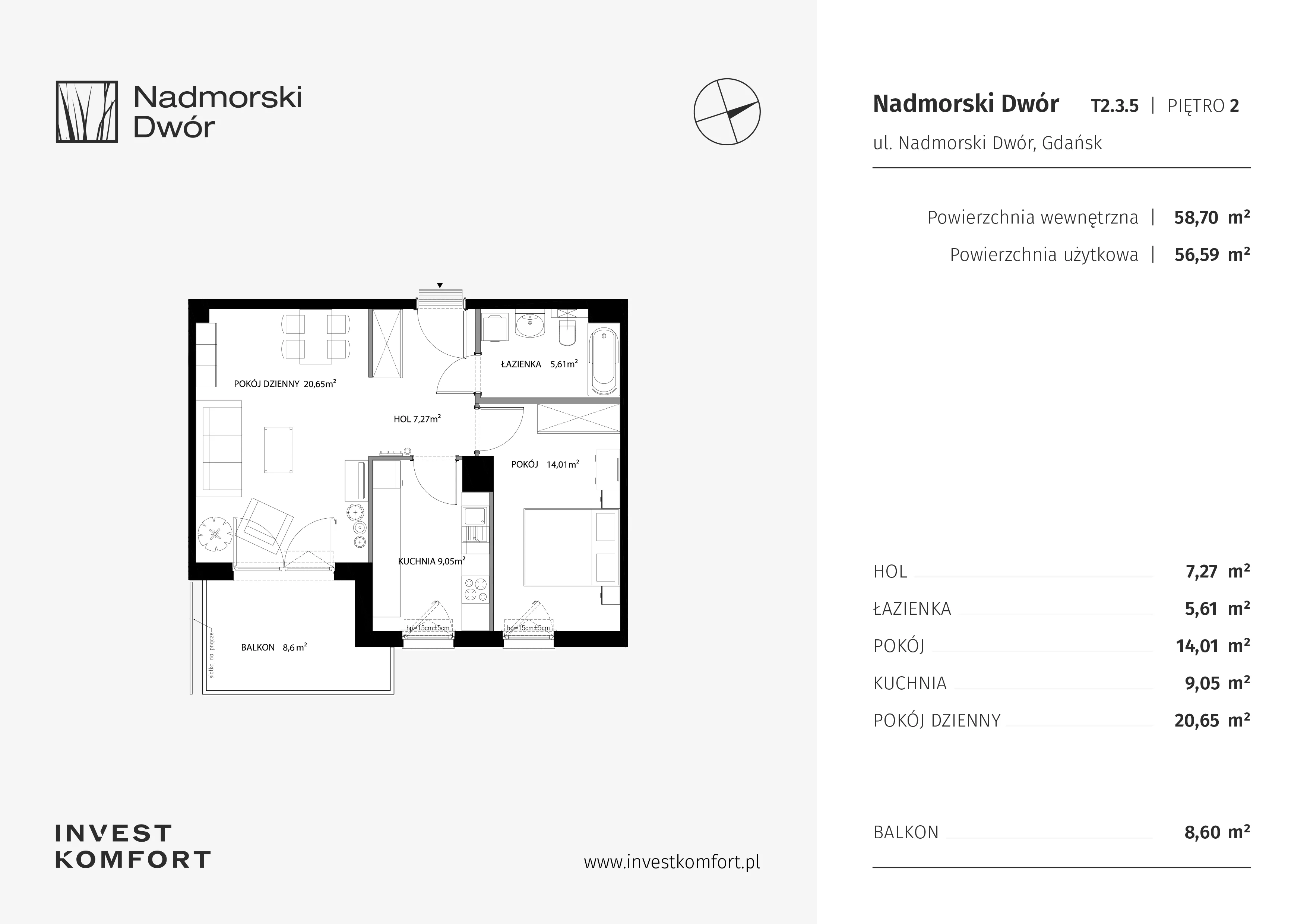 2 pokoje, mieszkanie 56,59 m², piętro 2, oferta nr NAD3_T_T2.3.5, Nadmorski Dwór, Gdańsk, Brzeźno, ul. Nadmorski Dwór