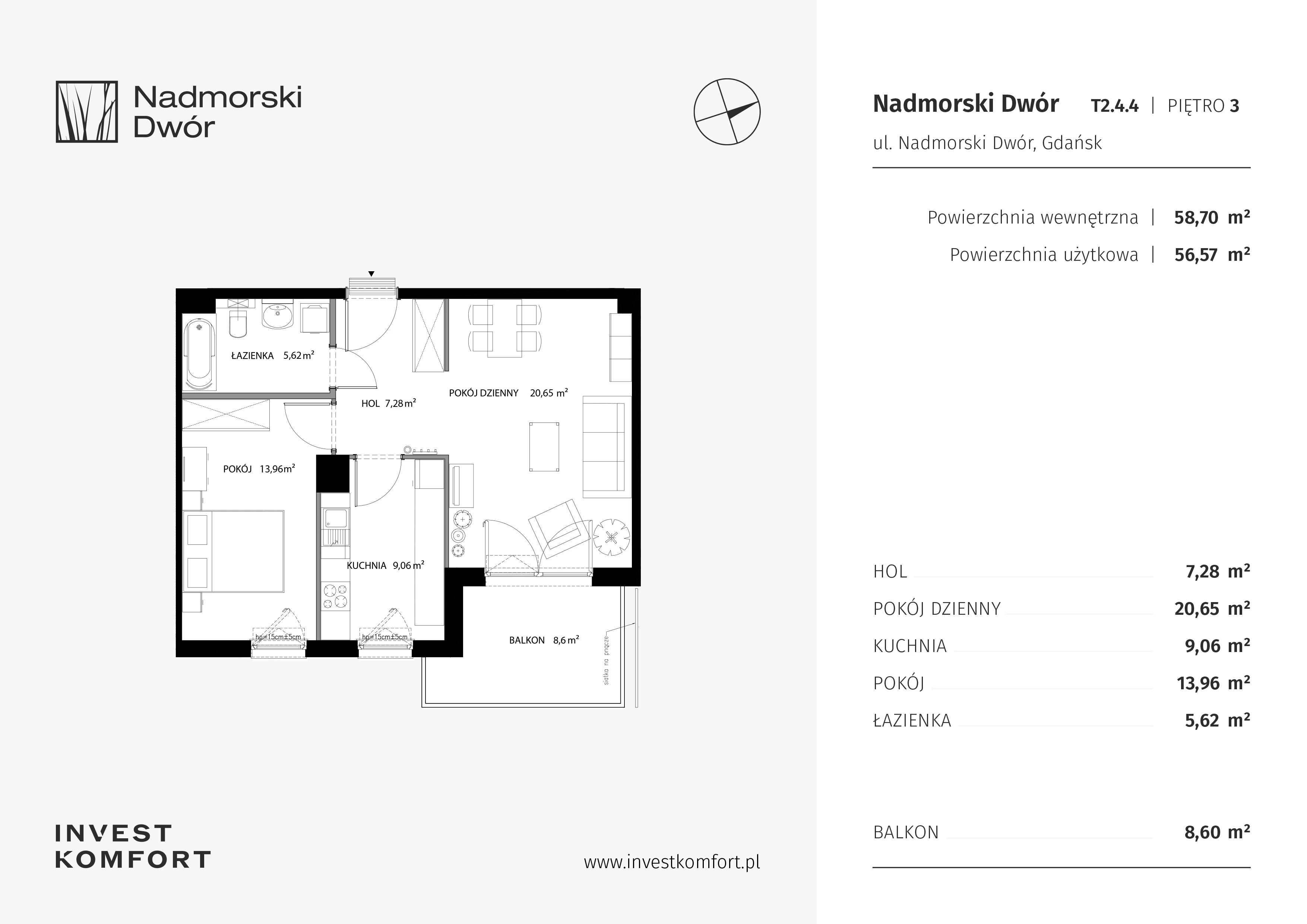 2 pokoje, mieszkanie 56,57 m², piętro 3, oferta nr NAD3_T_T2.4.4, Nadmorski Dwór, Gdańsk, Brzeźno, ul. Nadmorski Dwór
