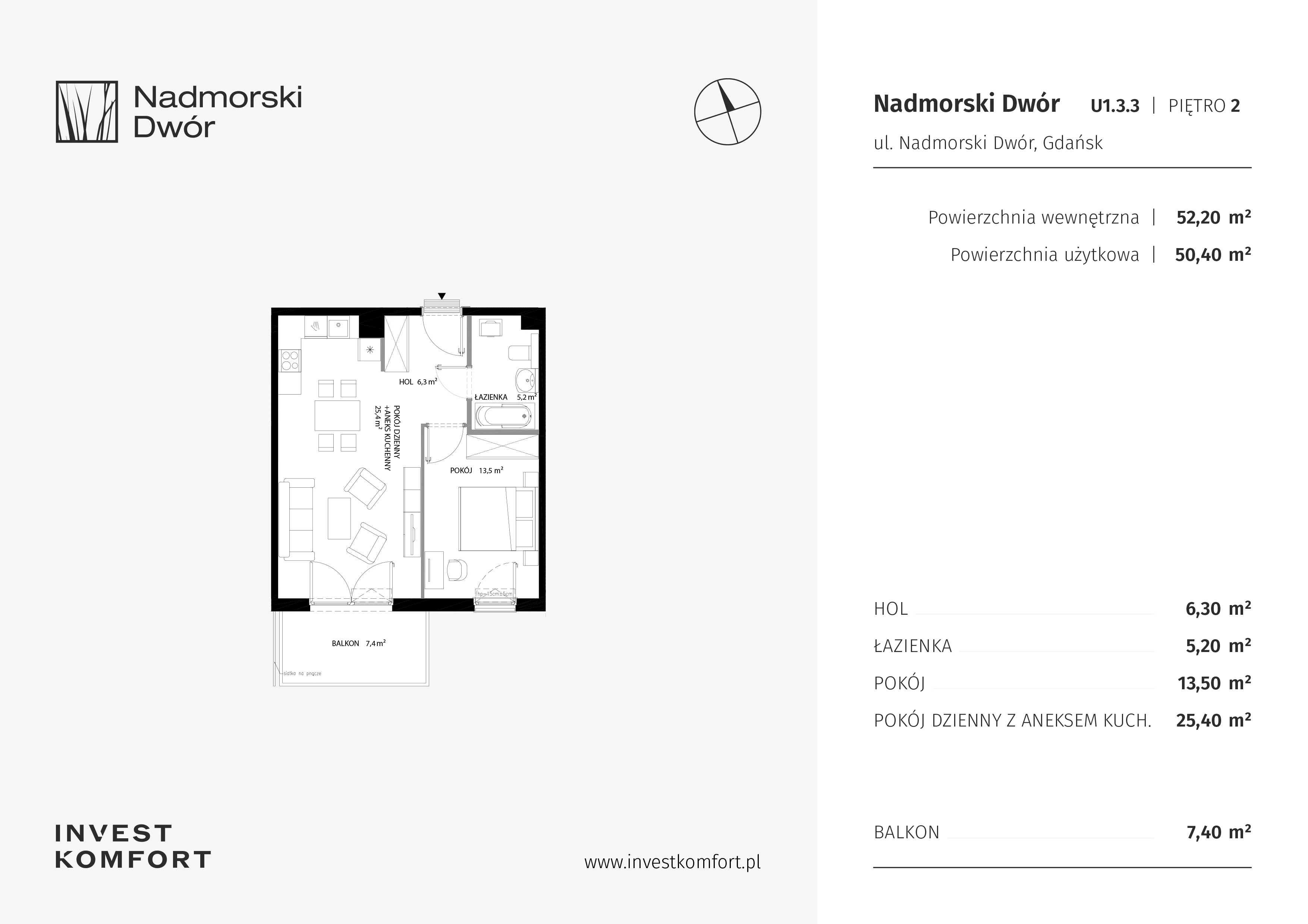 2 pokoje, apartament 50,40 m², piętro 2, oferta nr NAD3_UW_U1.3.3, Nadmorski Dwór, Gdańsk, Brzeźno, ul. Nadmorski Dwór