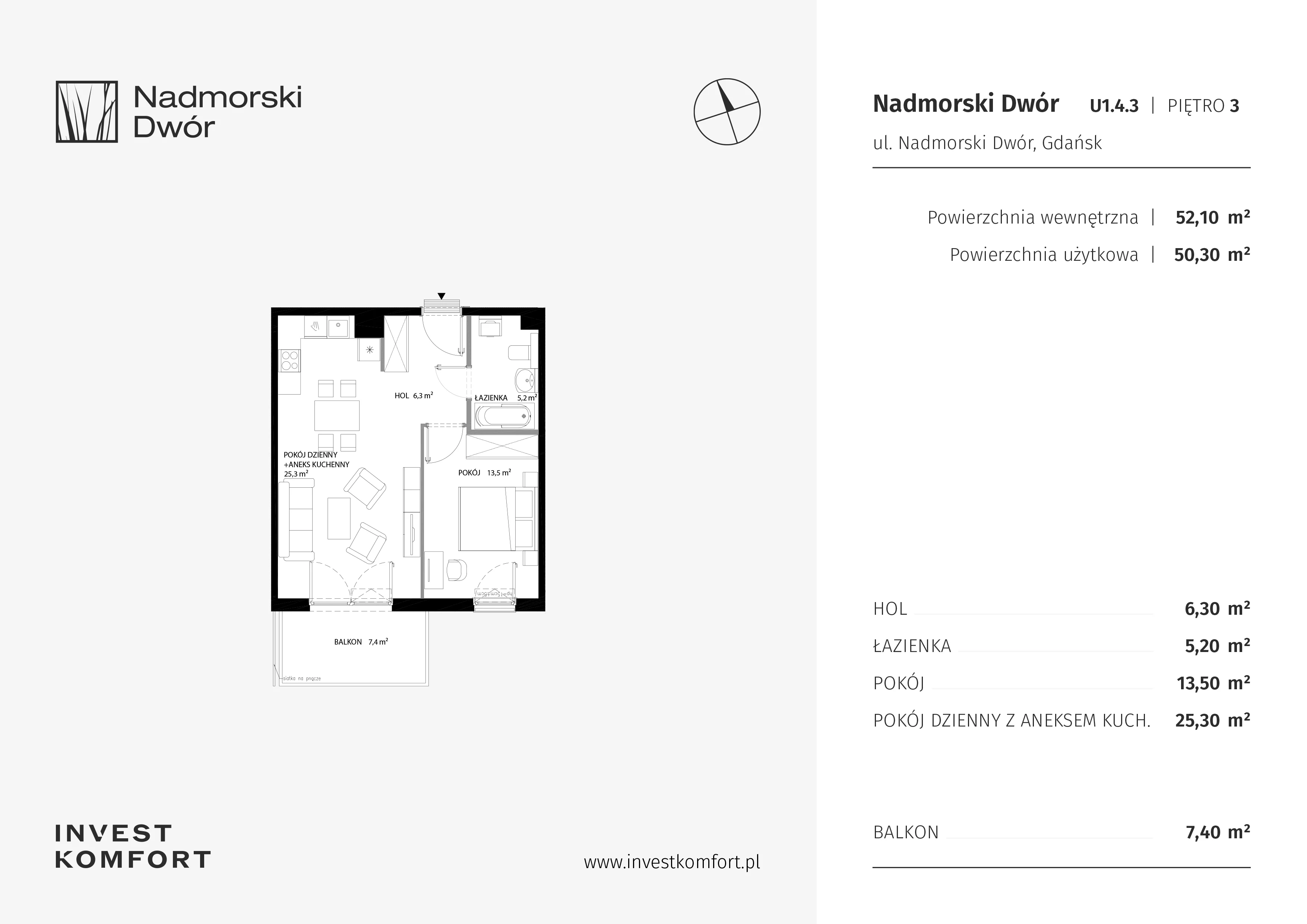 2 pokoje, mieszkanie 50,30 m², piętro 3, oferta nr NAD3_UW_U1.4.3, Nadmorski Dwór, Gdańsk, Brzeźno, ul. Nadmorski Dwór