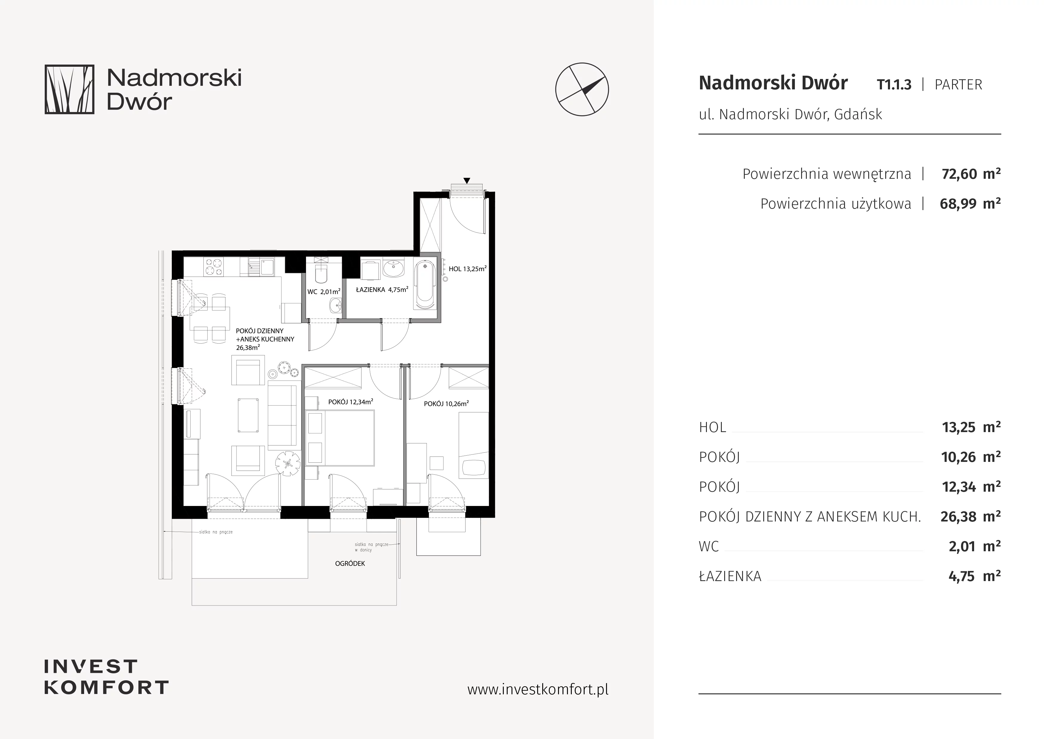 3 pokoje, mieszkanie 68,99 m², parter, oferta nr NAD3_T_T1.1.3, Nadmorski Dwór, Gdańsk, Brzeźno, ul. Nadmorski Dwór
