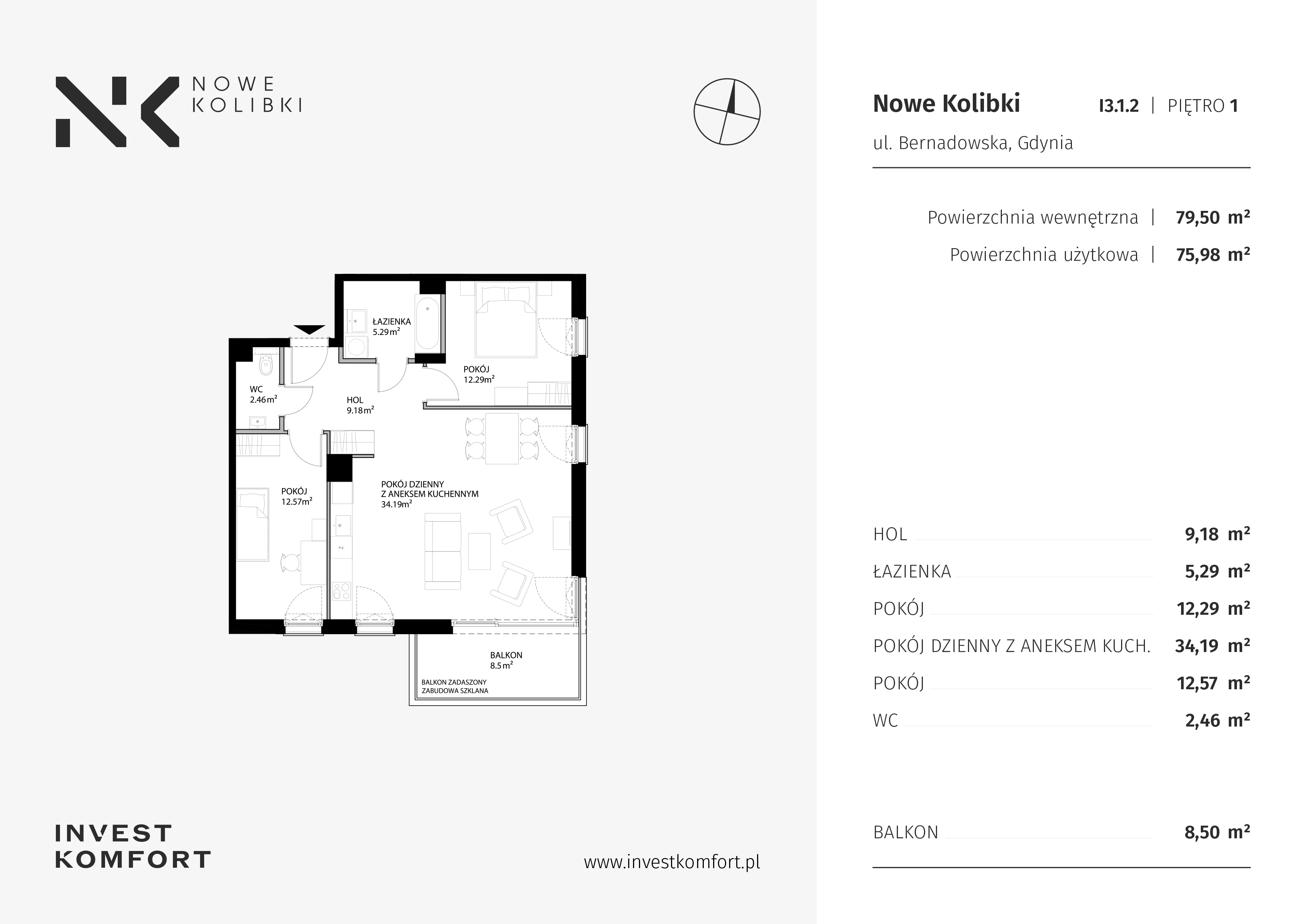 3 pokoje, apartament 79,50 m², piętro 1, oferta nr BER2_IJK_I3.1.2, Nowe Kolibki, Gdynia, Orłowo, Kolibki, ul. Bernadowska