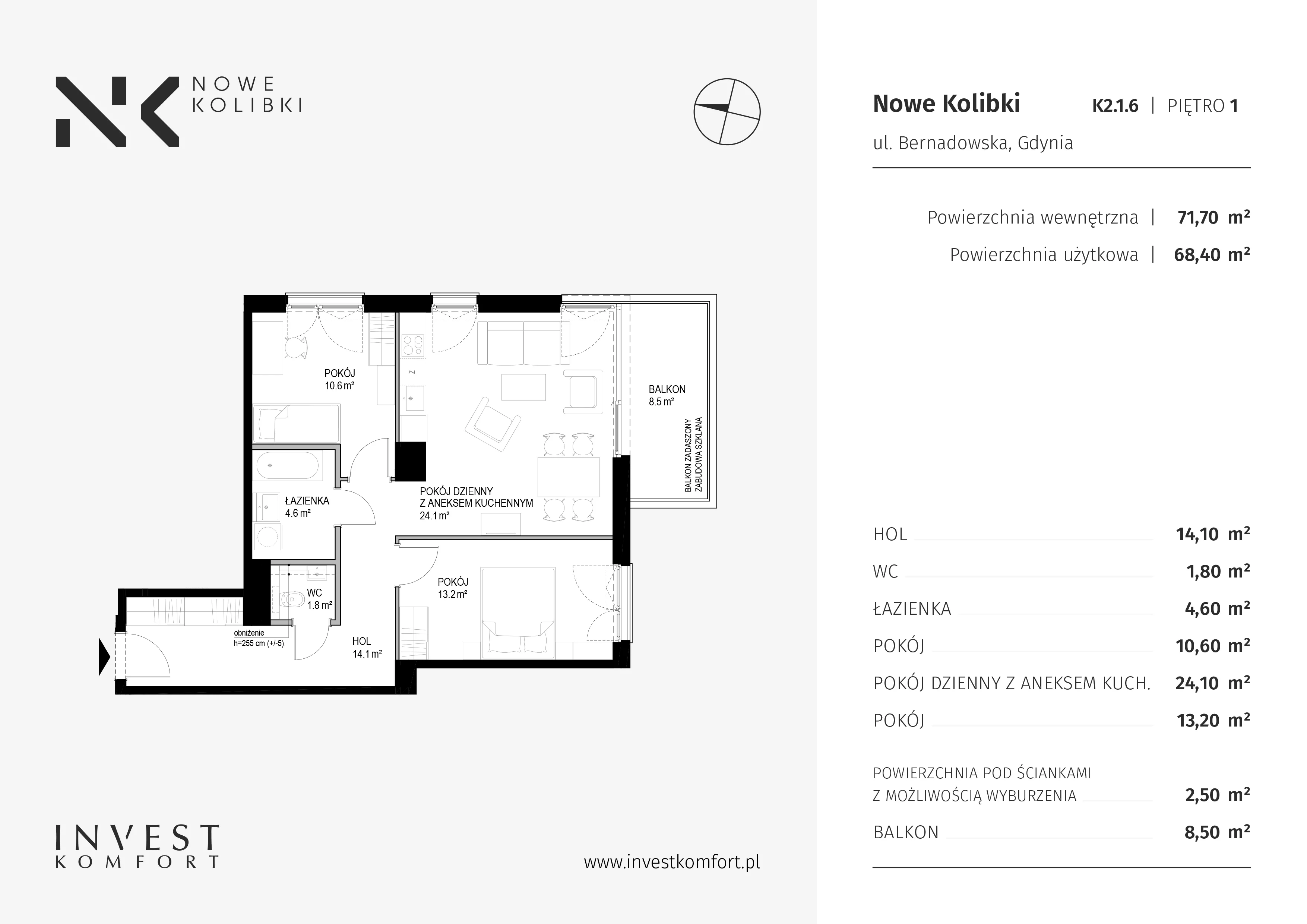 Apartament 71,70 m², piętro 1, oferta nr K2.1.6, Nowe Kolibki, Gdynia, Orłowo, Kolibki, ul. Bernadowska
