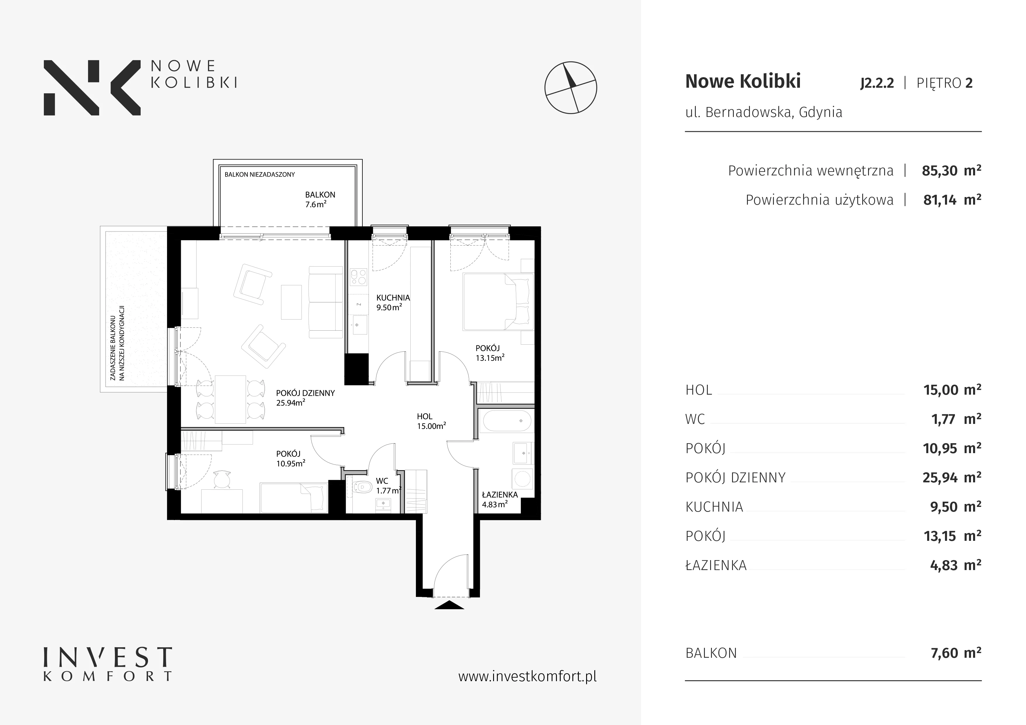 3 pokoje, apartament 85,30 m², piętro 2, oferta nr BER2_IJK_J2.2.2, Nowe Kolibki, Gdynia, Orłowo, Kolibki, ul. Bernadowska