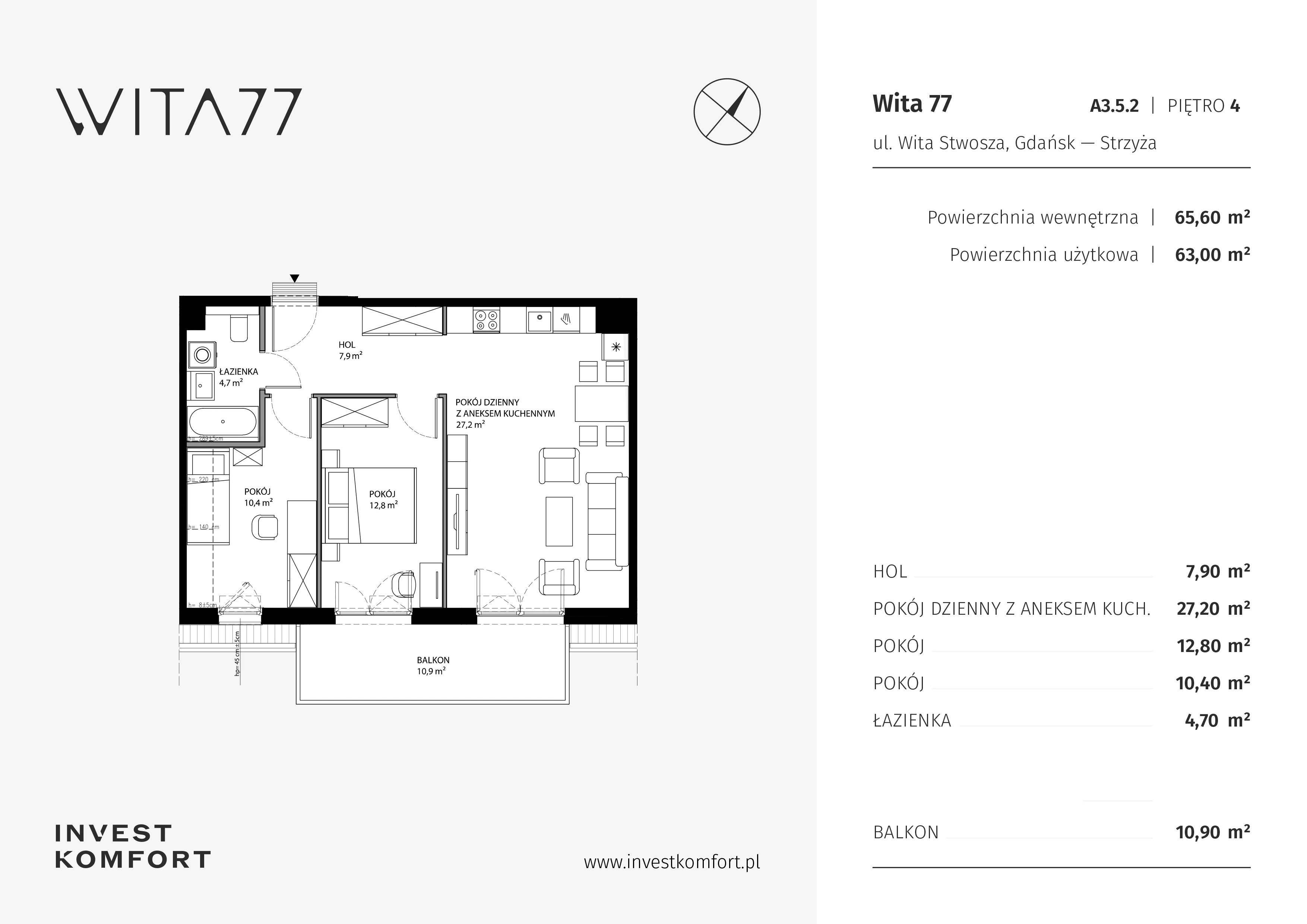 3 pokoje, mieszkanie 65,60 m², piętro 4, oferta nr WITA_A_A3.5.2, Wita 77, Gdańsk, Strzyża, ul. Wita Stwosza 77