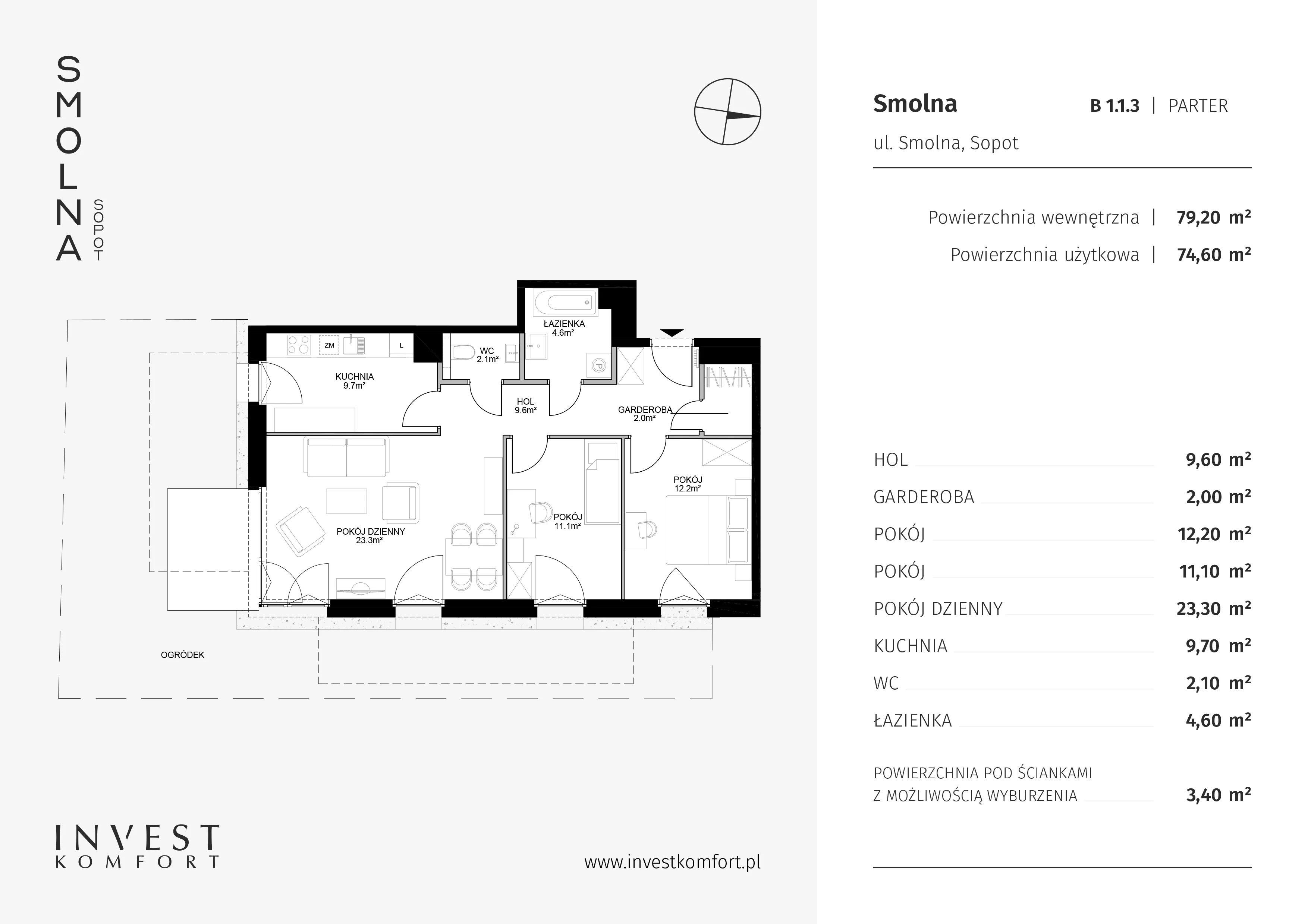 Mieszkanie 78,90 m², parter, oferta nr B1.1.3, Smolna, Sopot, Świemirowo, ul. Smolna