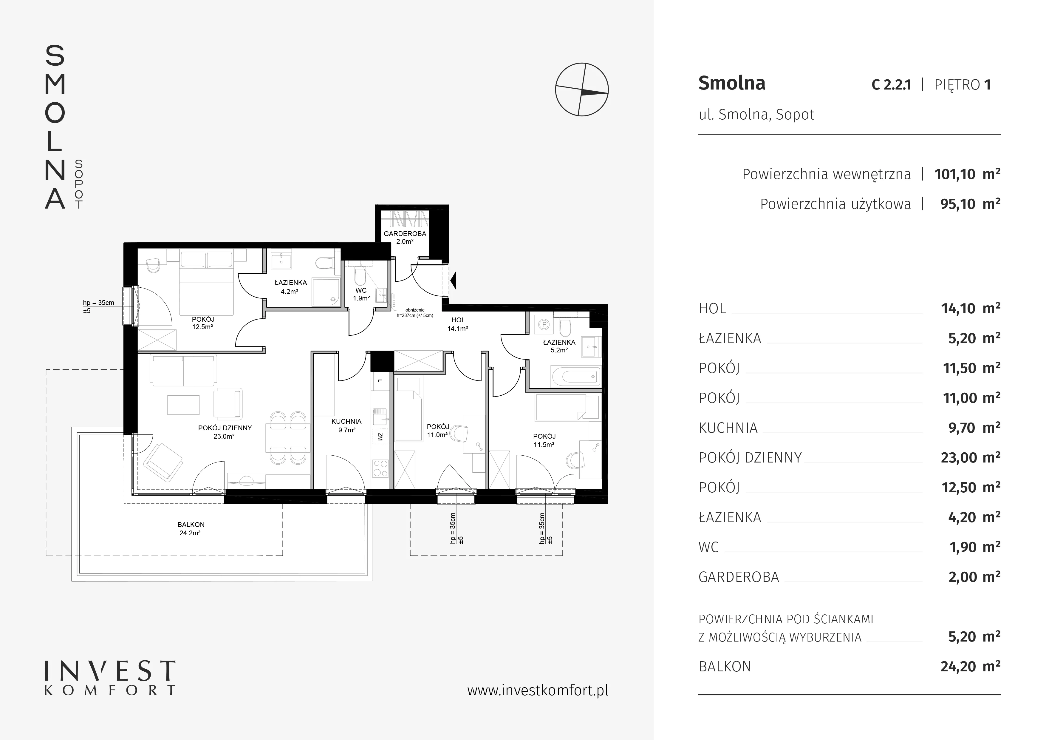 Mieszkanie 101,10 m², piętro 1, oferta nr C2.2.1, Smolna, Sopot, Świemirowo, ul. Smolna