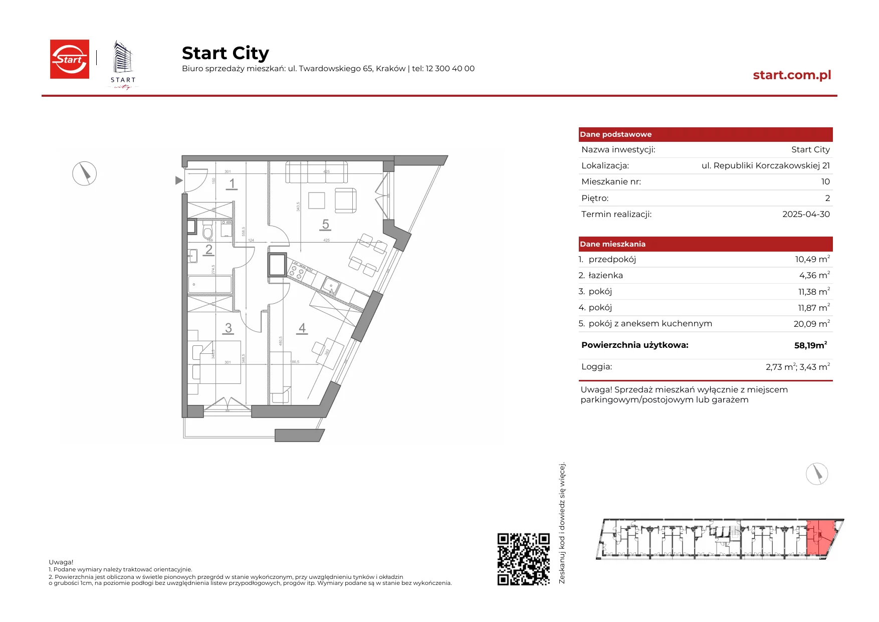 Mieszkanie 58,19 m², piętro 2, oferta nr 21/10, Start City, Kraków, Bieżanów-Prokocim, ul. Republiki Korczakowskiej 21