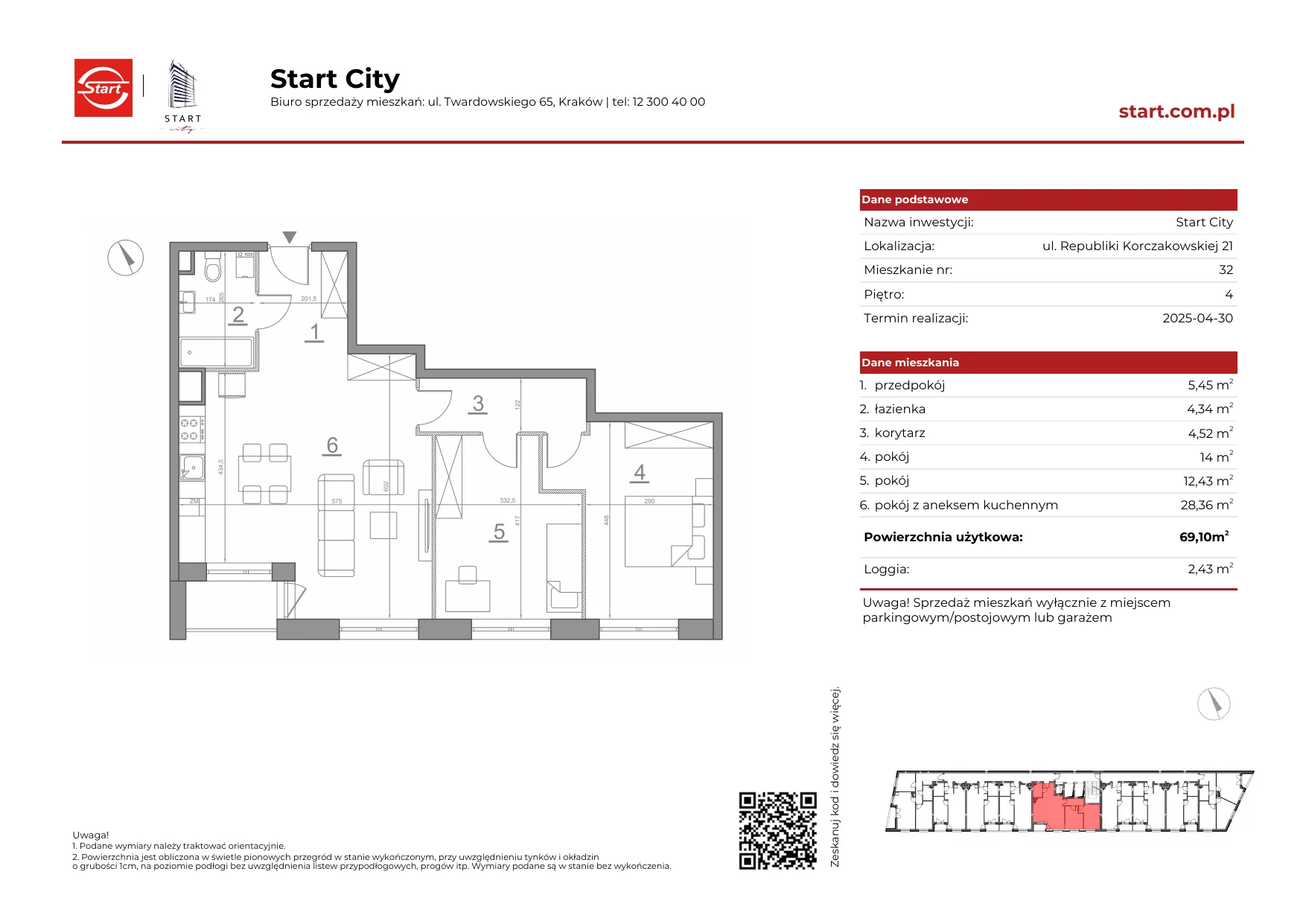 Mieszkanie 69,10 m², piętro 4, oferta nr 21/32, Start City, Kraków, Bieżanów-Prokocim, ul. Republiki Korczakowskiej 21