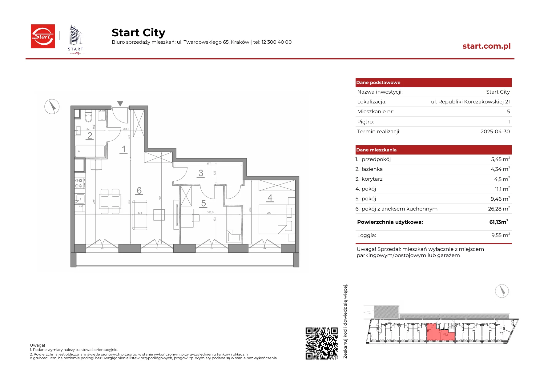 Mieszkanie 61,13 m², piętro 1, oferta nr 21/5, Start City, Kraków, Bieżanów-Prokocim, ul. Republiki Korczakowskiej 21