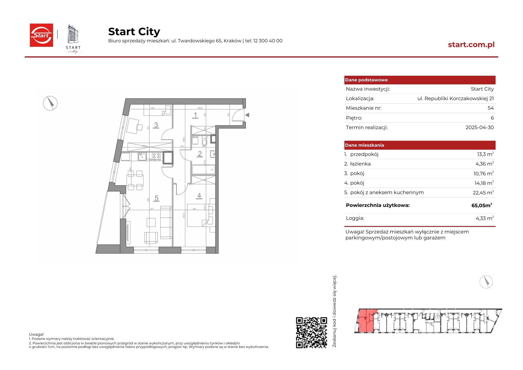 Mieszkanie 65,05 m², piętro 6, oferta nr 21/54, Start City, Kraków, Bieżanów-Prokocim, ul. Republiki Korczakowskiej 21