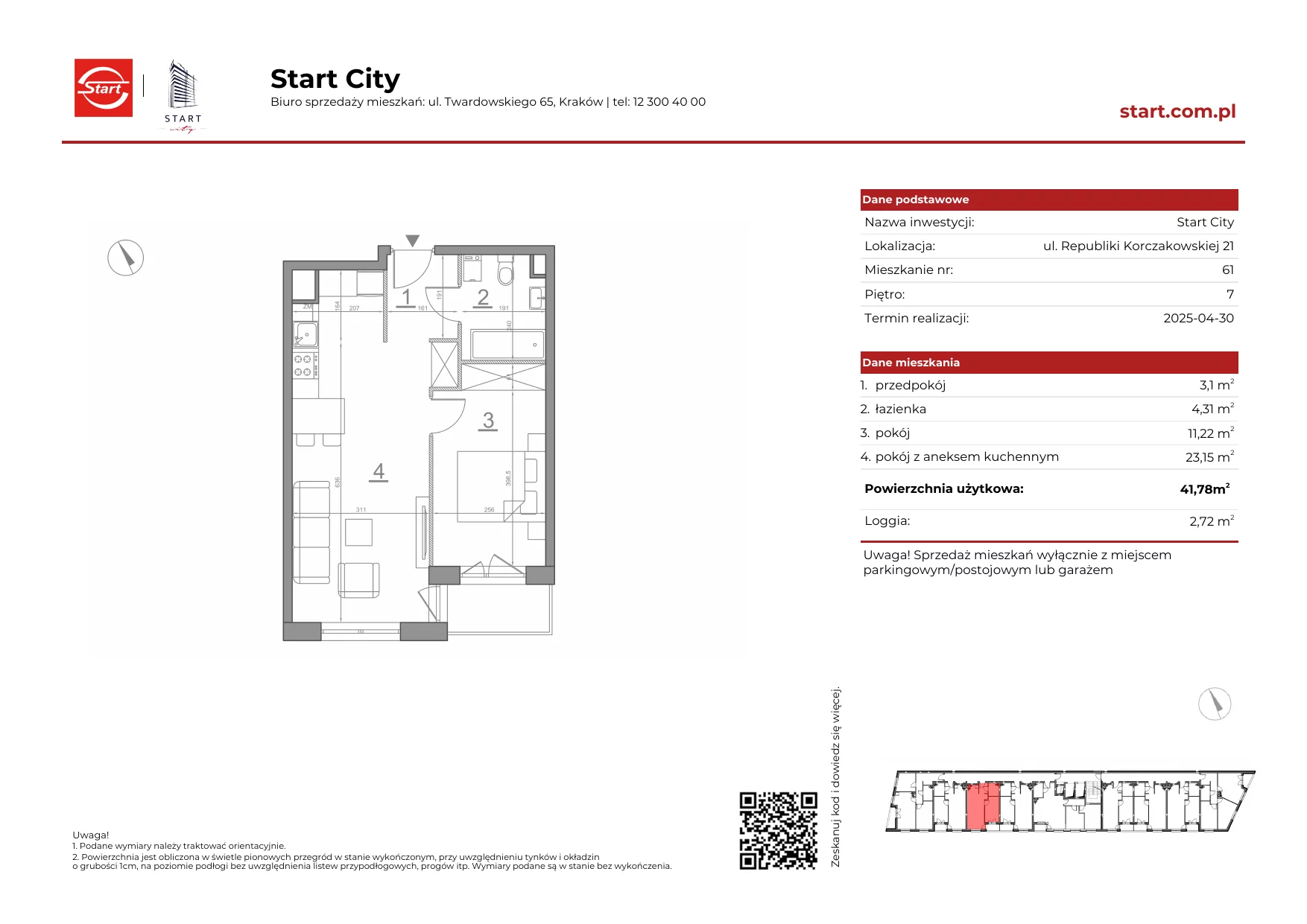 Mieszkanie 41,78 m², piętro 7, oferta nr 21/61, Start City, Kraków, Bieżanów-Prokocim, ul. Republiki Korczakowskiej 21