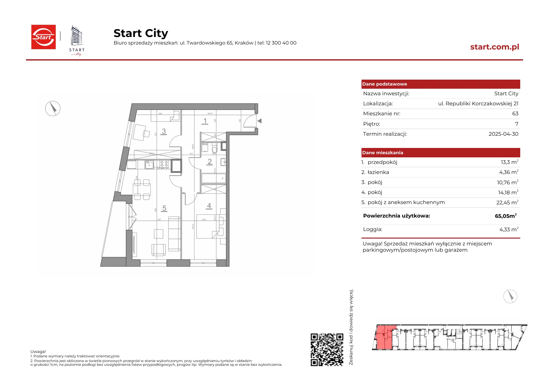 Mieszkanie 65,05 m², piętro 7, oferta nr 21/63, Start City, Kraków, Bieżanów-Prokocim, ul. Republiki Korczakowskiej 21