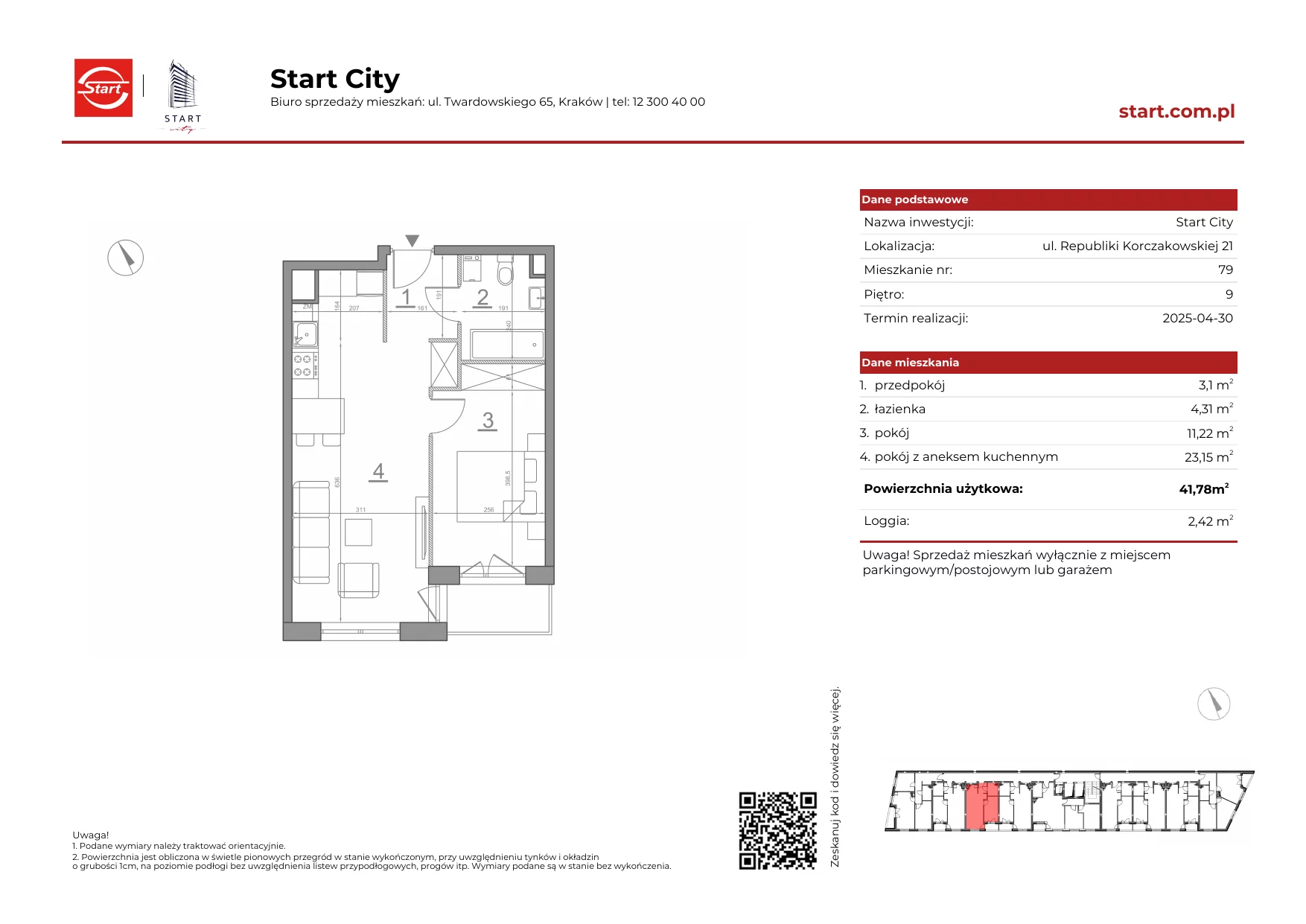 Mieszkanie 41,78 m², piętro 9, oferta nr 21/79, Start City, Kraków, Bieżanów-Prokocim, ul. Republiki Korczakowskiej 21