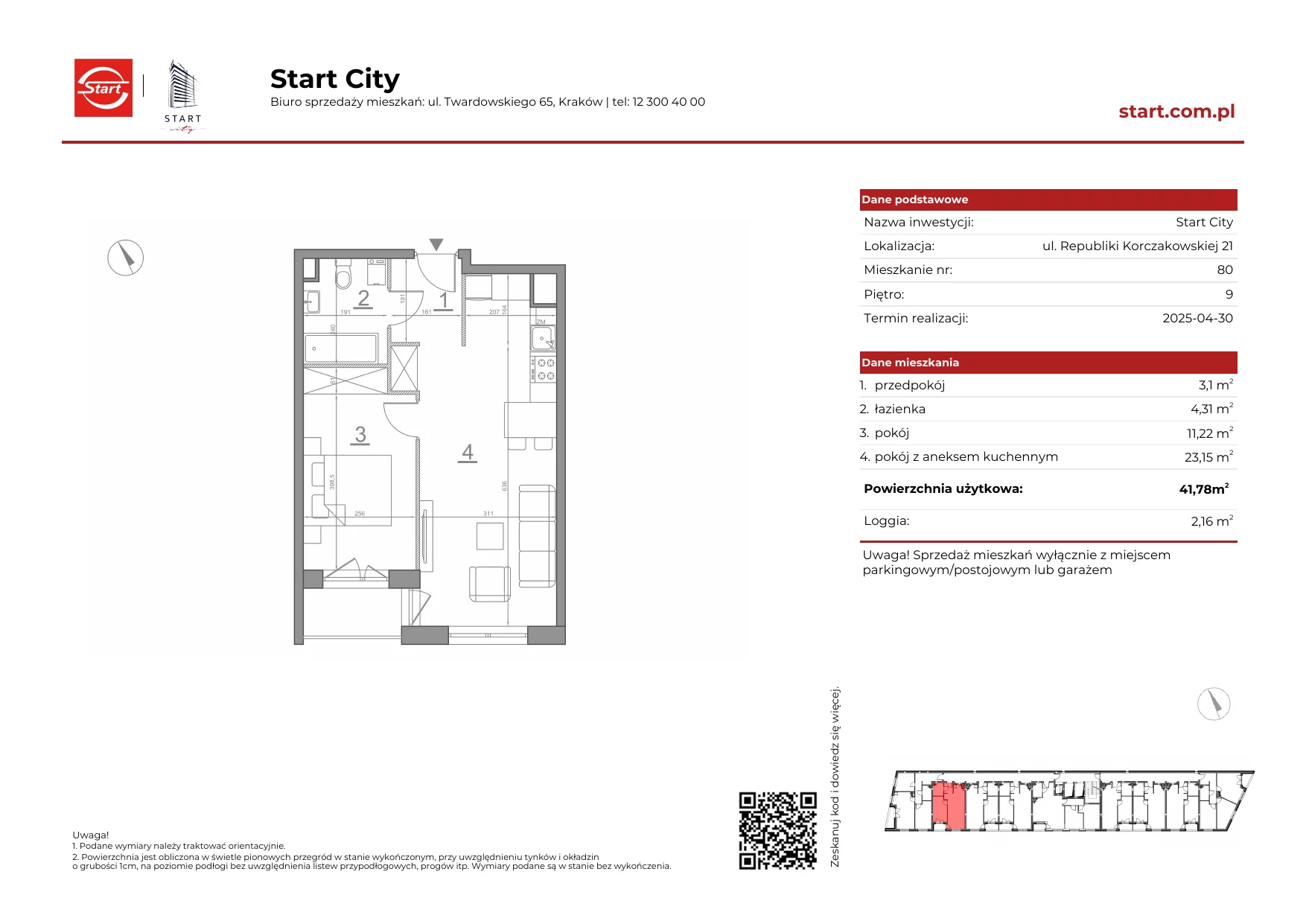 Mieszkanie 41,78 m², piętro 9, oferta nr 21/80, Start City, Kraków, Bieżanów-Prokocim, ul. Republiki Korczakowskiej 21
