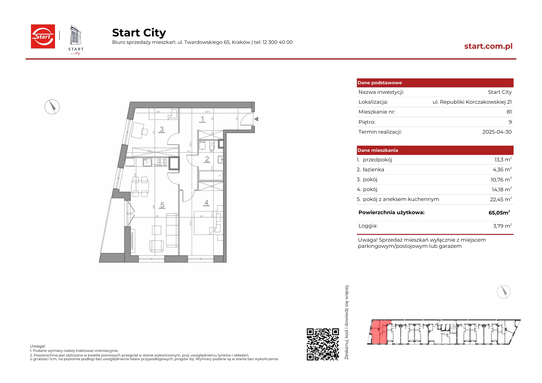 Mieszkanie 65,05 m², piętro 9, oferta nr 21/81, Start City, Kraków, Bieżanów-Prokocim, ul. Republiki Korczakowskiej 21