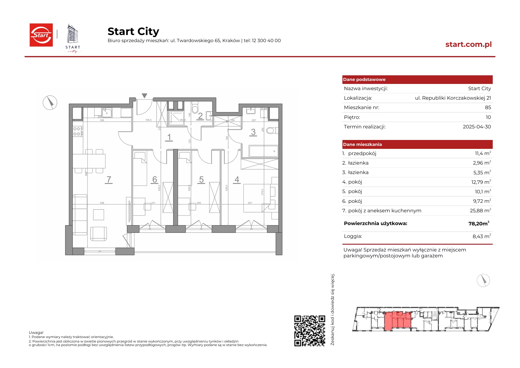 Mieszkanie 78,20 m², piętro 10, oferta nr 21/85, Start City, Kraków, Bieżanów-Prokocim, ul. Republiki Korczakowskiej 21