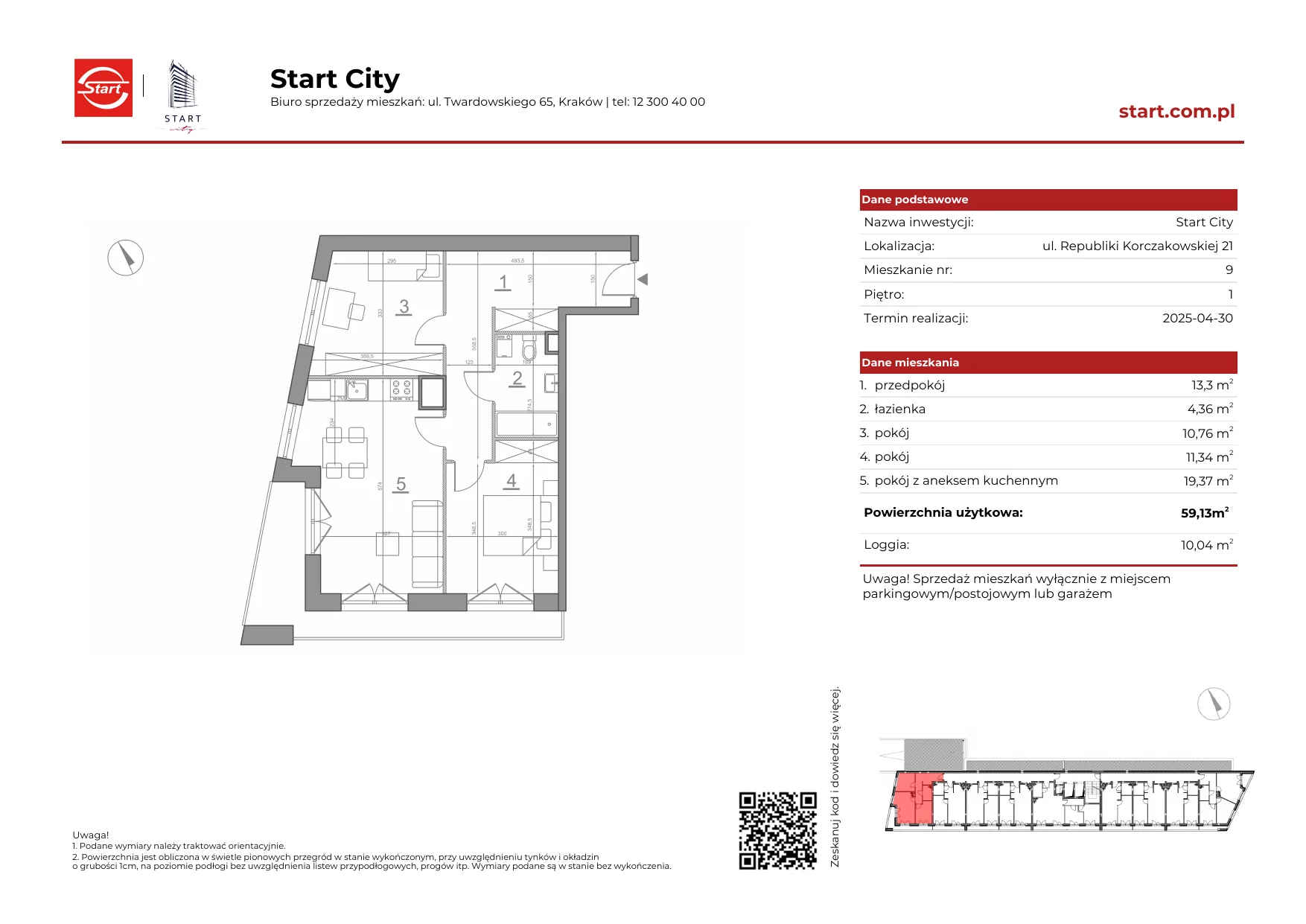 Mieszkanie 59,13 m², piętro 1, oferta nr 21/9, Start City, Kraków, Bieżanów-Prokocim, ul. Republiki Korczakowskiej 21