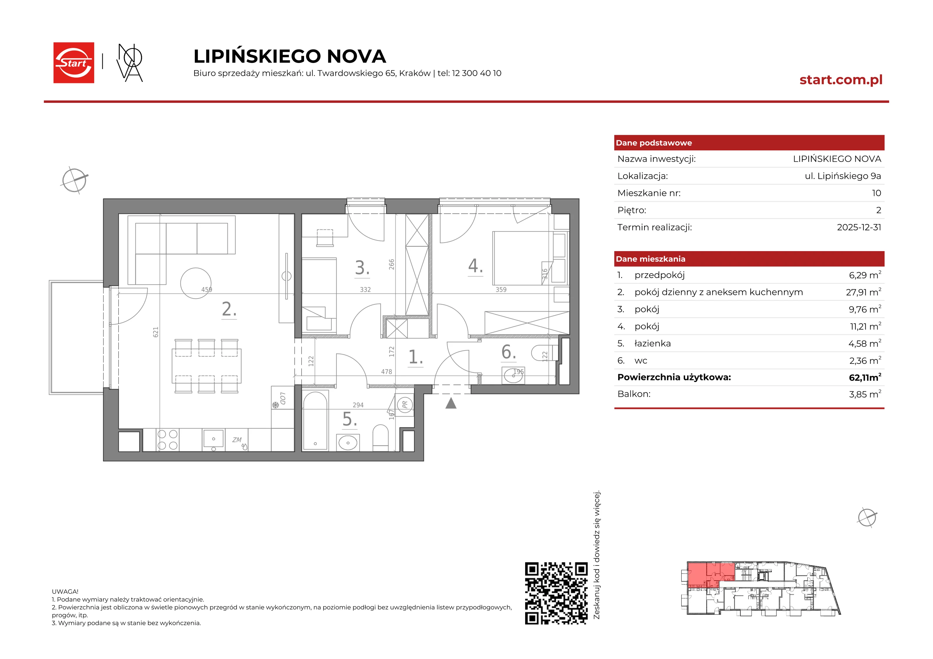 3 pokoje, mieszkanie 62,11 m², piętro 2, oferta nr 9a/10, Lipińskiego Nova, Kraków, Dębniki, Ruczaj, ul. Wacława Lipińskiego