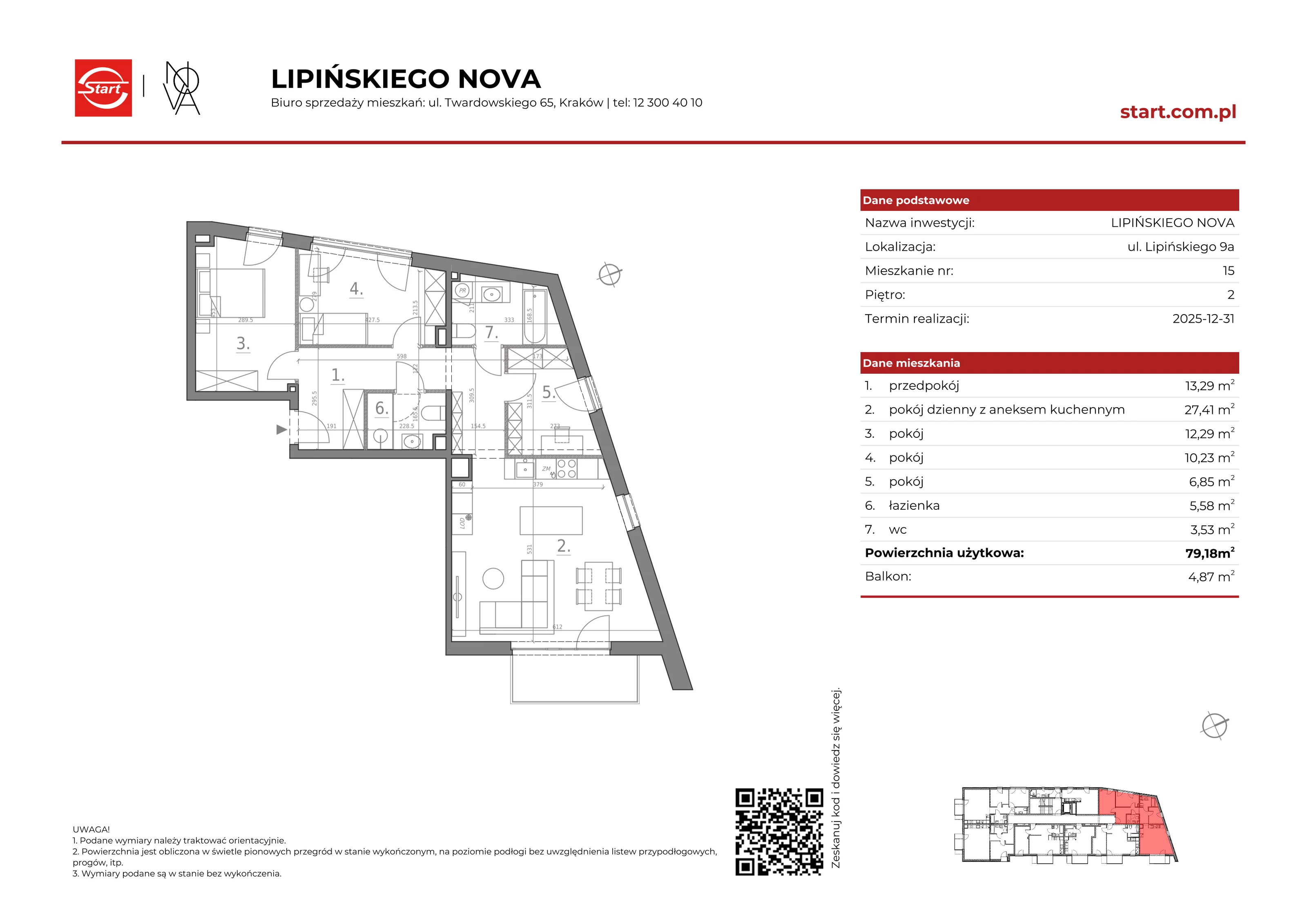 4 pokoje, mieszkanie 79,18 m², piętro 2, oferta nr 9a/15, Lipińskiego Nova, Kraków, Dębniki, Ruczaj, ul. Wacława Lipińskiego