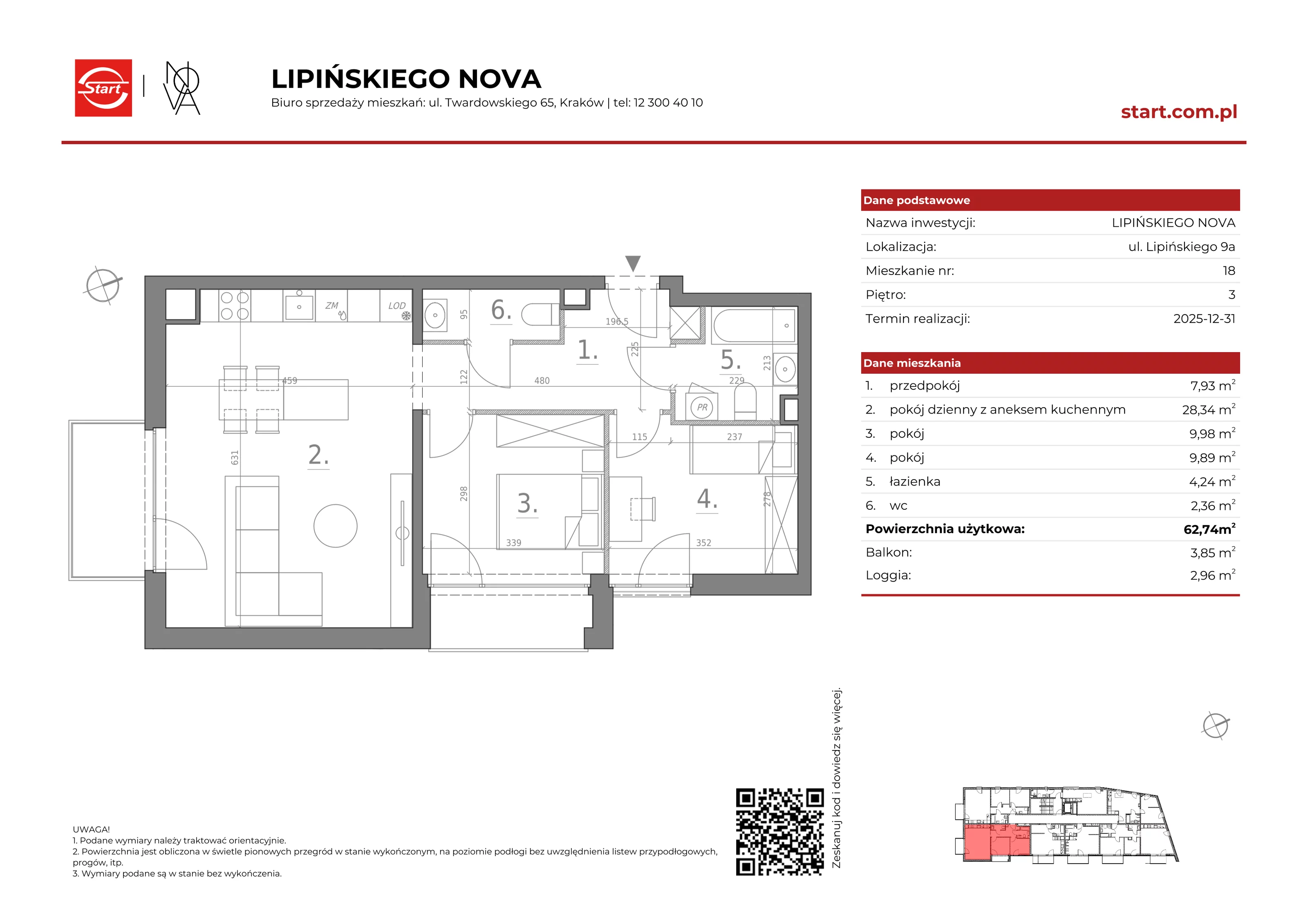 3 pokoje, mieszkanie 62,74 m², piętro 3, oferta nr 9a/18, Lipińskiego Nova, Kraków, Dębniki, Ruczaj, ul. Wacława Lipińskiego